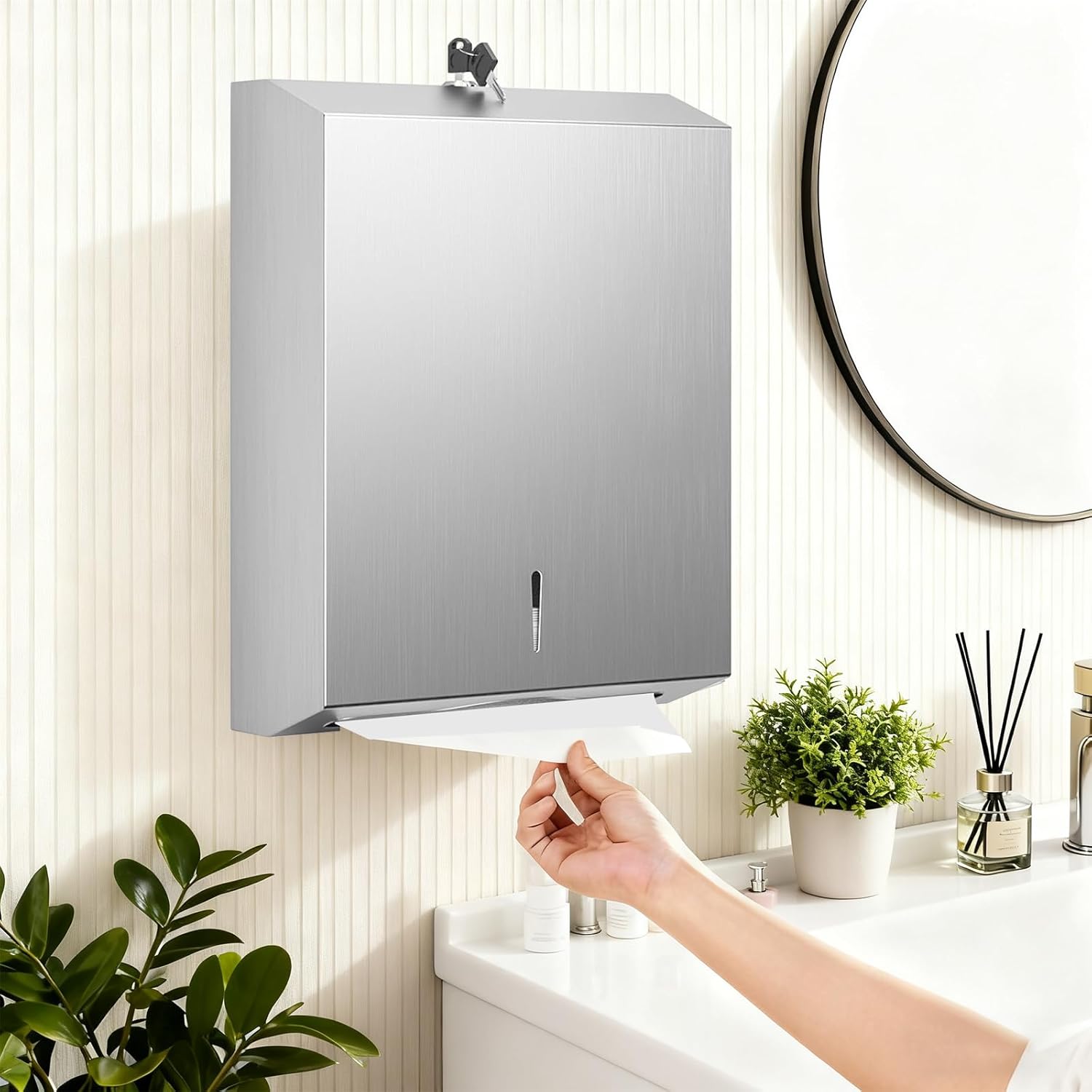 Commercial Paper Towel Dispenser Wall Mount, 14.3"x11.2" Stainless Steel Hand Towels Holder with Lock for 400 C-Fold/Multifold/Trifold Paper Towels, Bathroom Paper Towel Holder Wall Mount- Silver