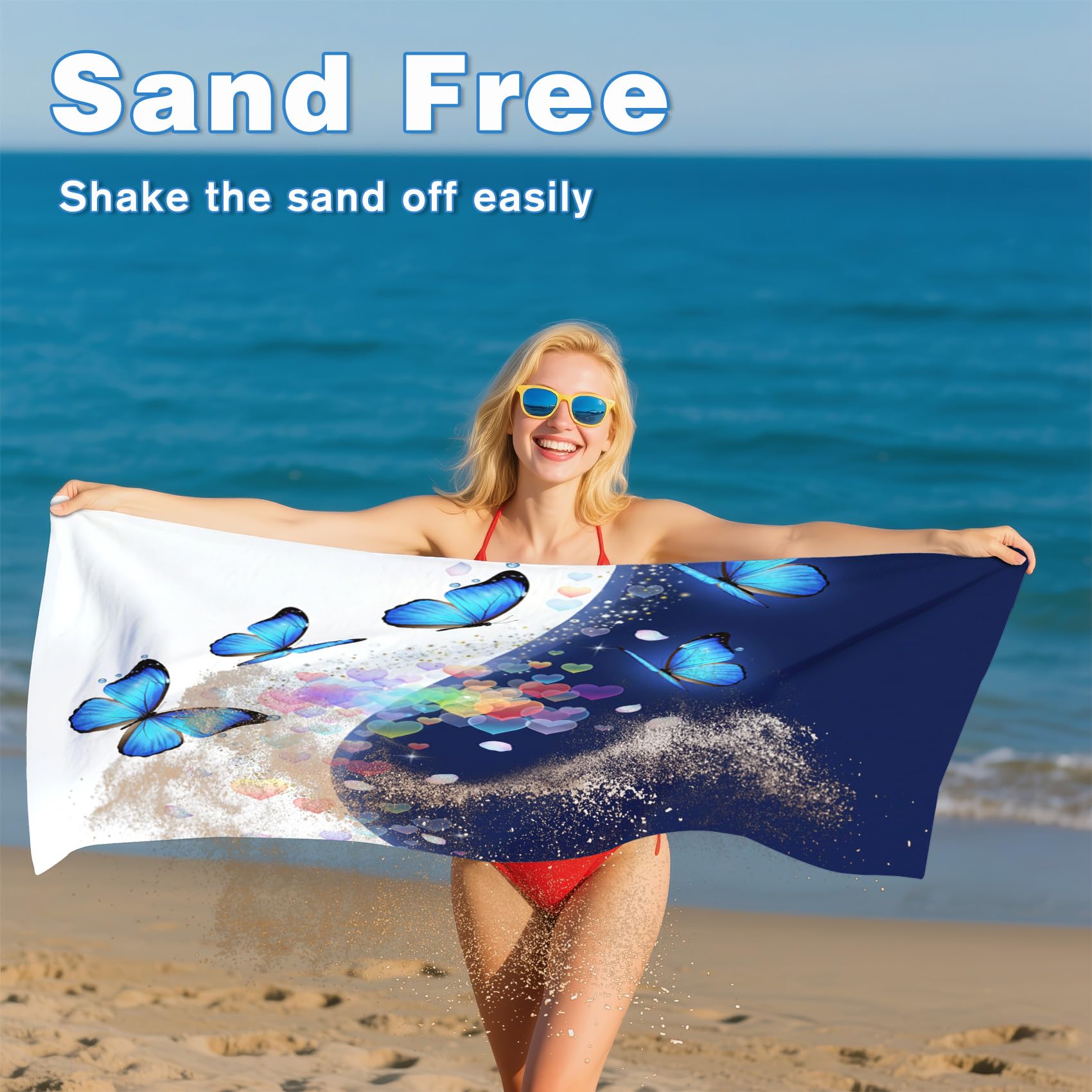 Serviette de Plage XXL Microfibre Papillon Bleu Cœur Romantique, Drap de Plage Séchage Rapide Anti Sable & Légère, Serviette de Bain Grande Taille 200x200 cm, Accessoire & Cadeau été