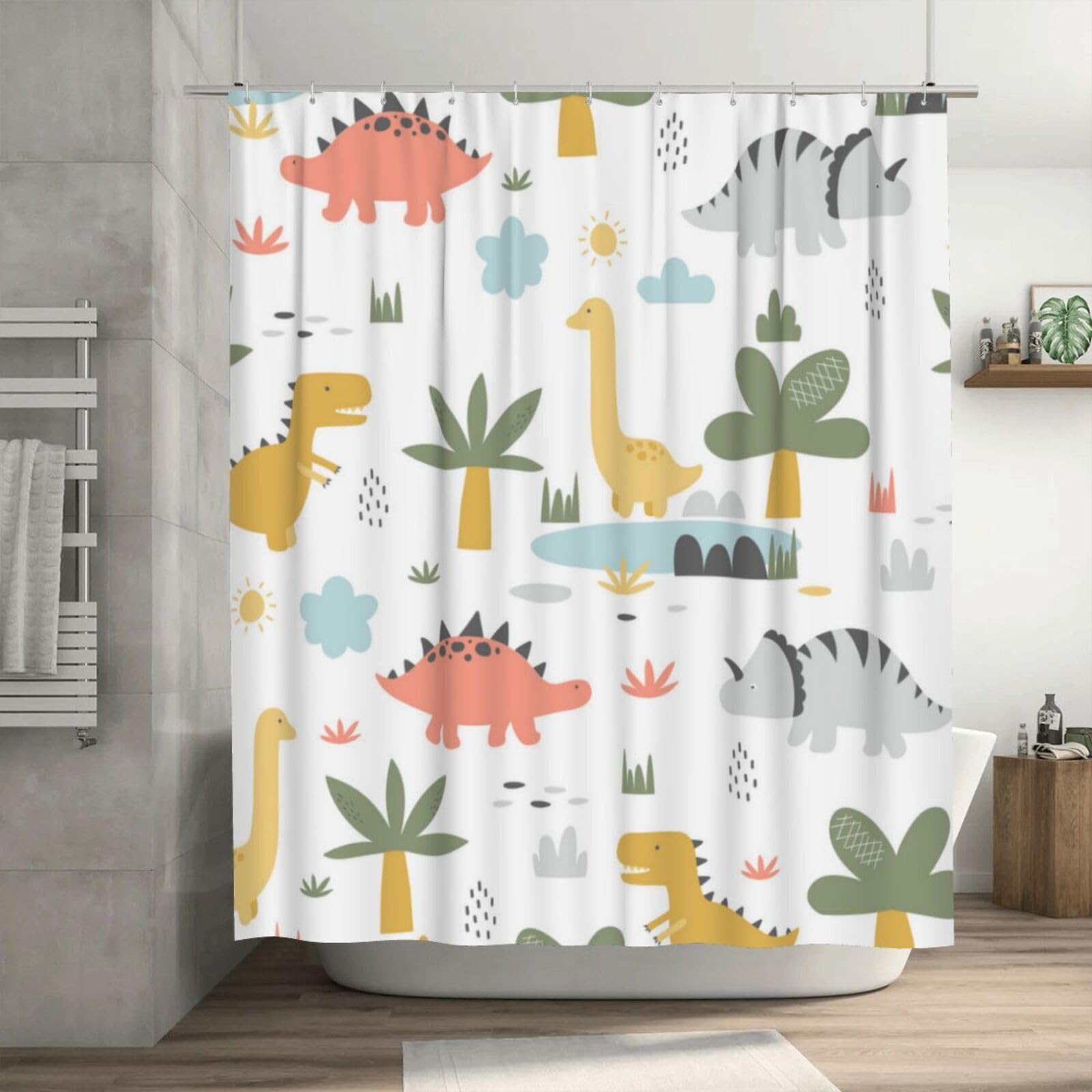 Kids Cartoon Dinosaur Shower Curtain Funny Animal Graffiti Dino Children Colorful Wildlife Bathroom Decor Fabric Polyester Waterproof Included 12 Hooks 60X72 Inch,Trees and Dino