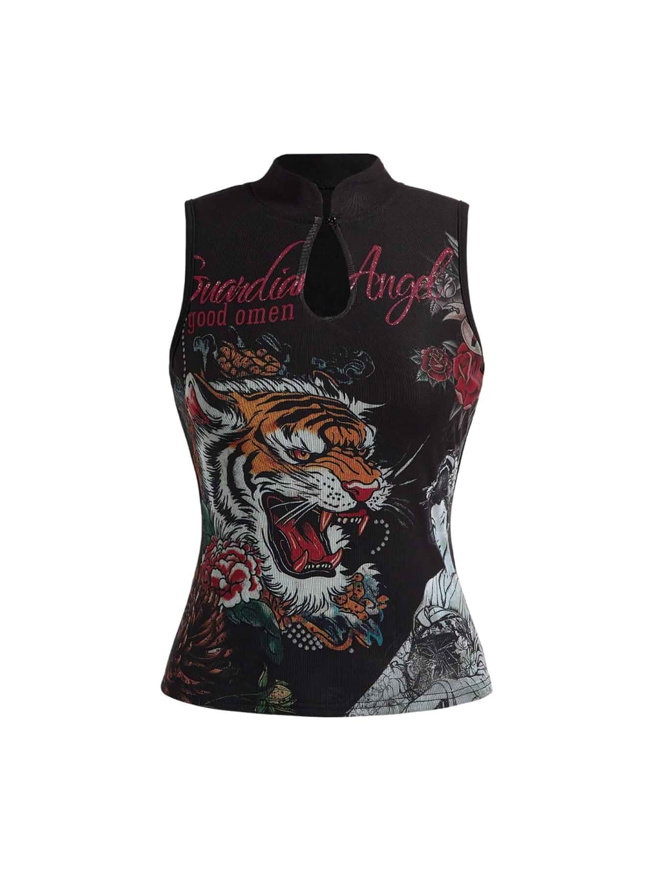 Milumia Women's Y2k Animal Print Tank Top Cut Out Mock Neck Cheongsam Tops Tiger Top, Sleeveless, Going Out Top, Sexy, Concert, Festival Tops, Club, Rave, Slim Fit Streetwear