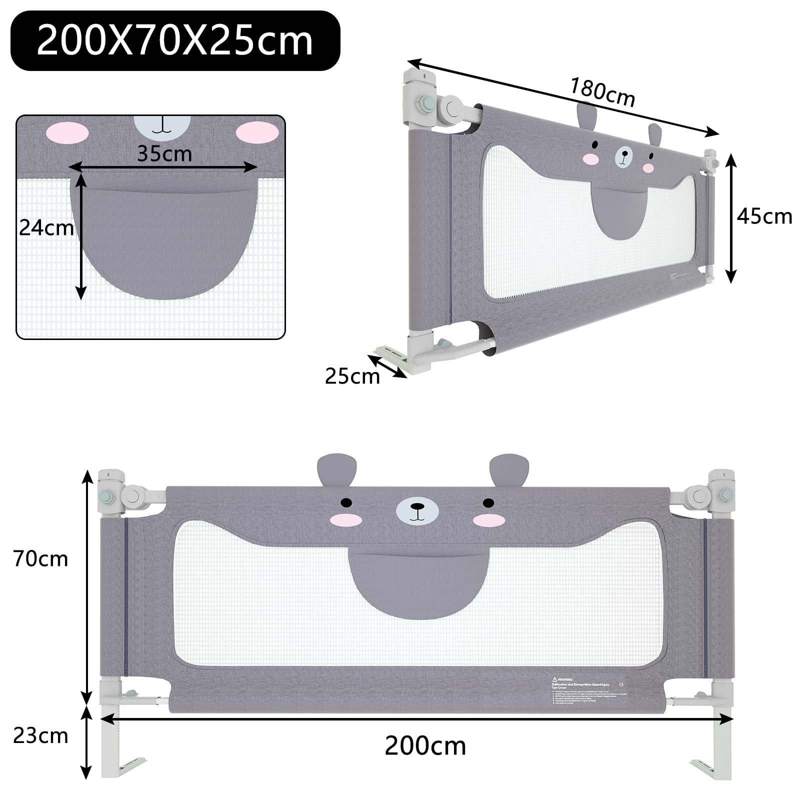 Aufun barandilla de Cama para riel de Cama para niños, protección contra caídas para Cuna elevación Vertical, riel de Cuna, para familias y Viajes, Gris, Osito, 200 cm