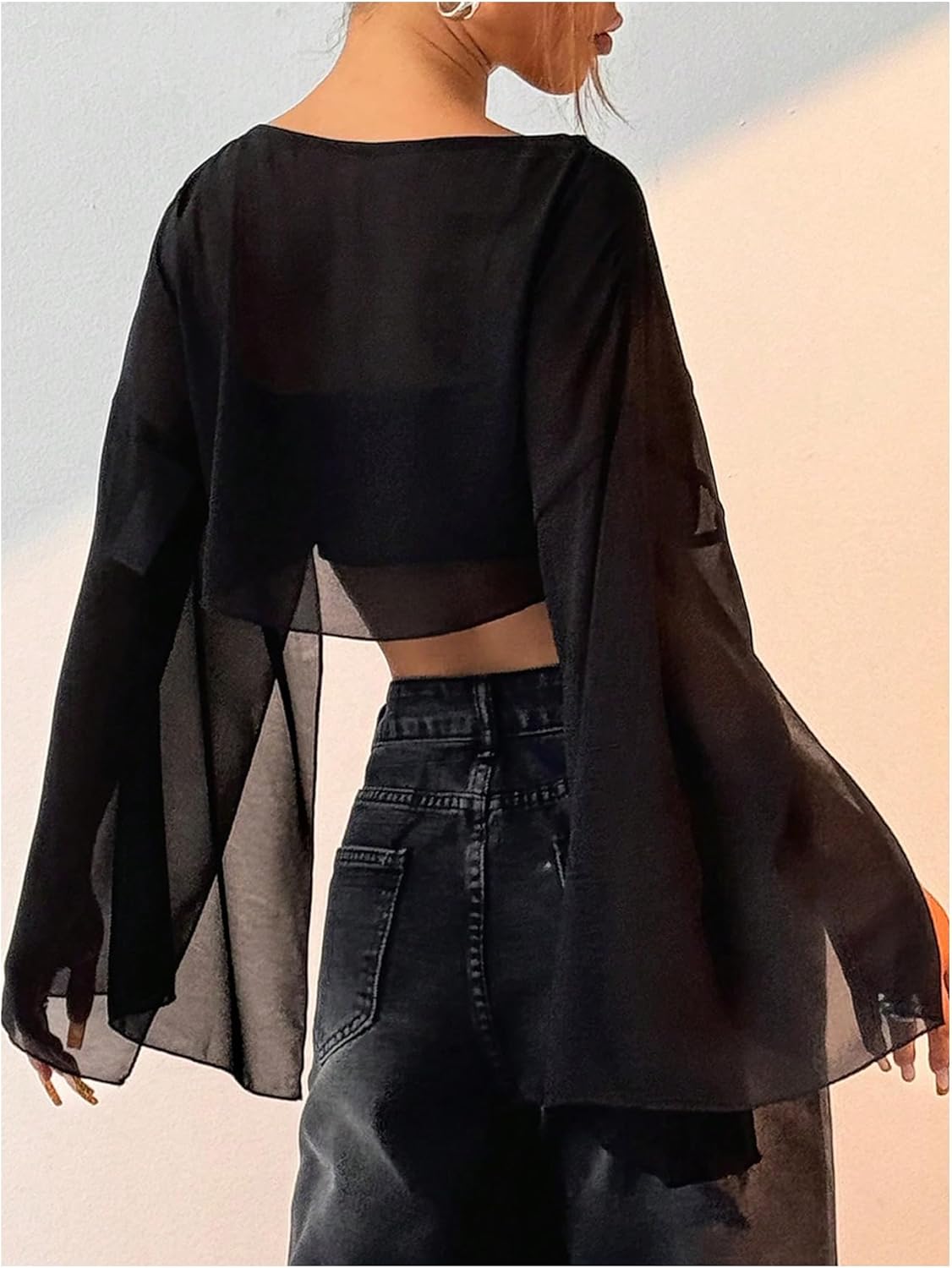 OYOANGLE Women's Mesh Sheer Split Bell Sleeve Crop Top Boat Neck Drop Shoulder Flowy Blouse Tops - Image 3