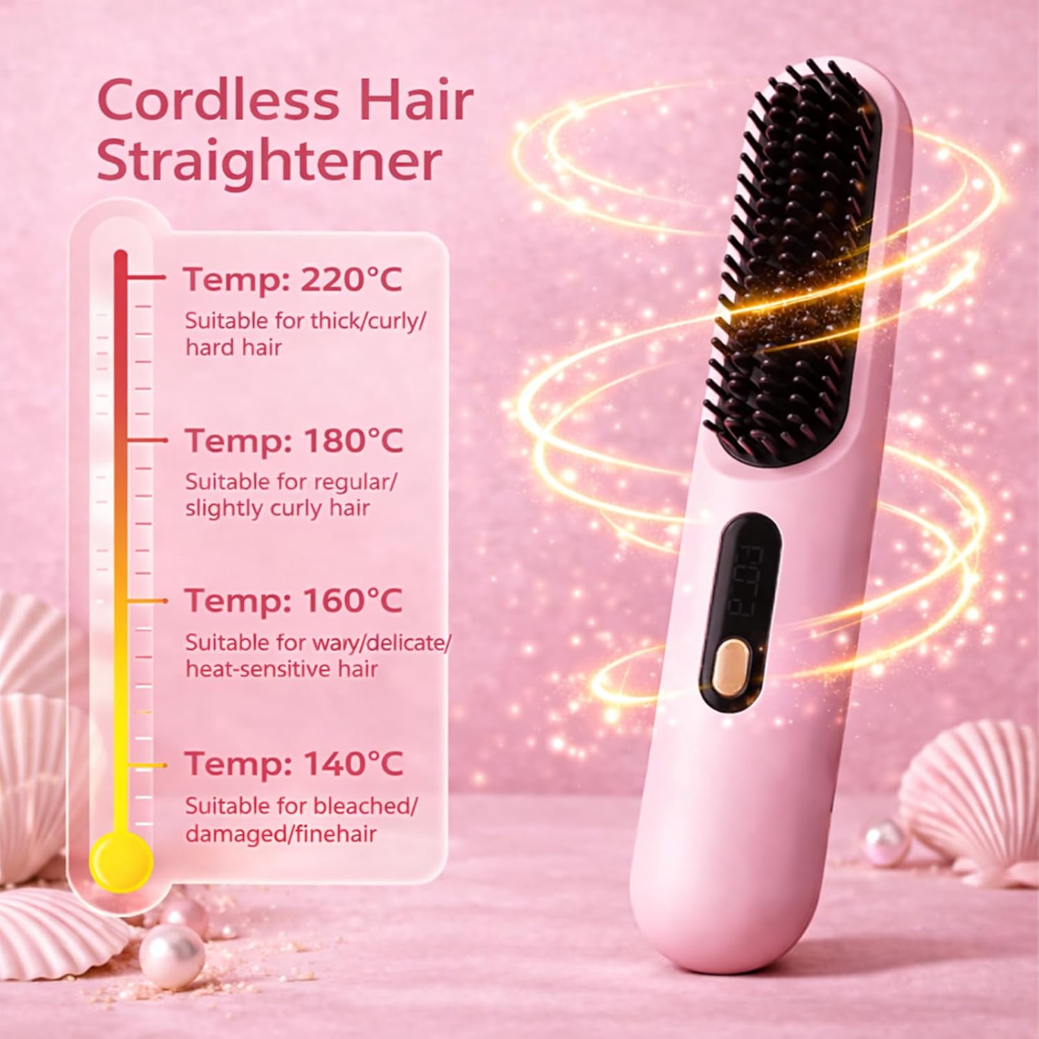 Go Brush - Pro for Short Hair - 2026 Upgraded Cordless Straightening Brush with 30s Fast Heat, 3 Temperature Settings, Ionic & Ceramic Care, 2500mAh USB-C Rechargeable for Frizz-Free Styling (Pink)
