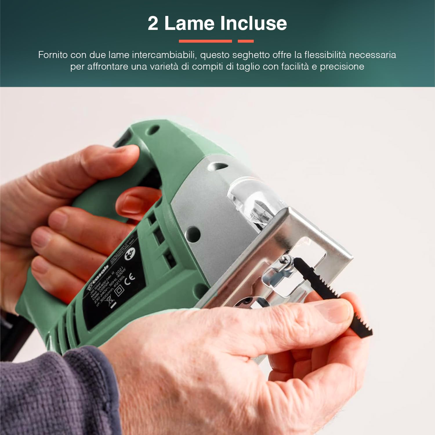 Seghetto Alternativo Elettrico 400W per Legno, Metallo e Plastica - 230V, 3000 giri/min, 2 Lame Incluse, Base Inclinabile 45°