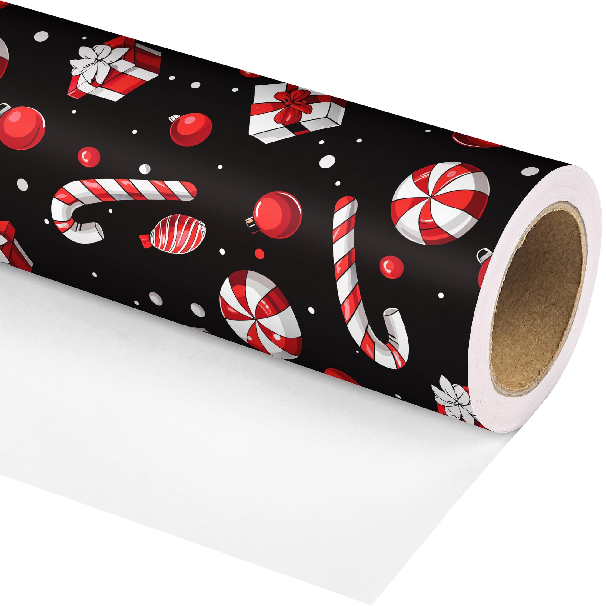 Dtiafu Christmas Wrapping Paper Roll for Kids Black Candy Cane Gifts Design Xmas Gift Wrap for Winter Holiday Party Celebration - Total 28.5sq.ft — image 1
