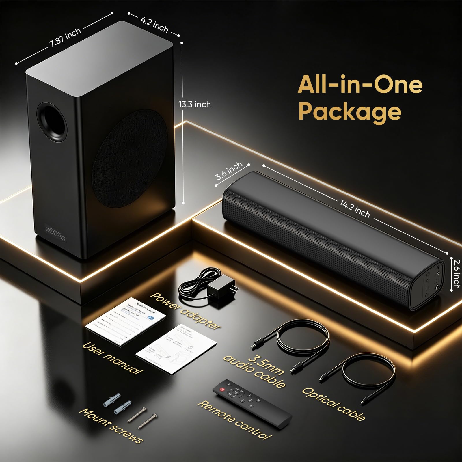 Barra de sonido de 70 W con subwoofer para TV, barra de sonido compacta de 14.2 pulgadas de 2.1 canales con graves profundos, Bluetooth 5.3, óptico/AUX, sistema de altavoces de cine en casa