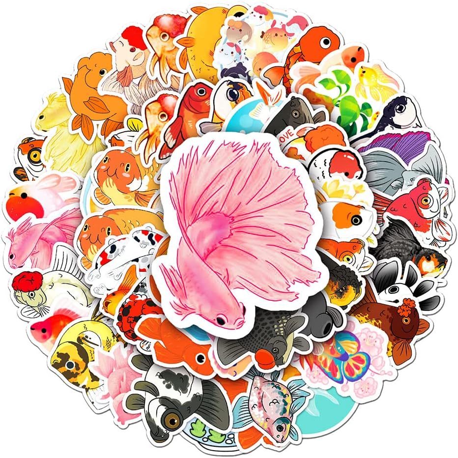 Unique Goldfish Stickers for Kids Boys Girls Teens, Cartoon Waterproof Stickers for Laptop Water Bottle Luggage Cup Phone Tablet Flasks Scrapbook Bike Car,Cute Fish Vinyl Decals Pack[Goldfish-50Pcs]