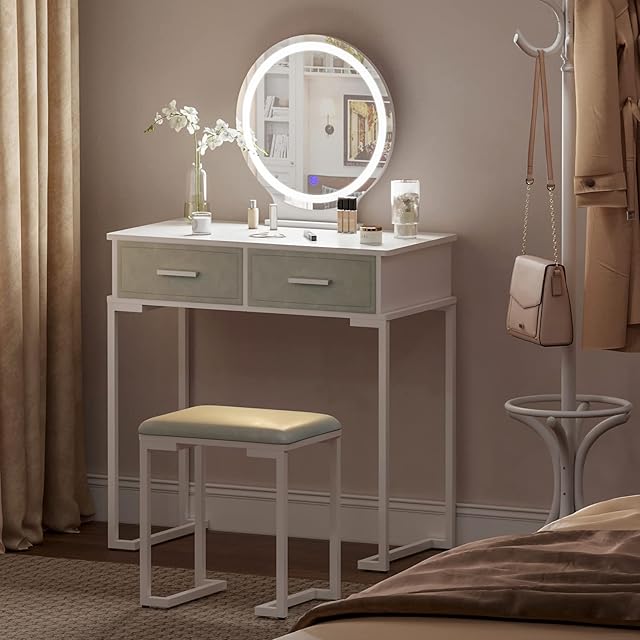 Jooli H Dressing Table with Lights Mirror, White Vanity Makeup Table with Adjustable Brightness Mirror, 2 Large Drawers and Cushioned Stool, 80x40x127cm