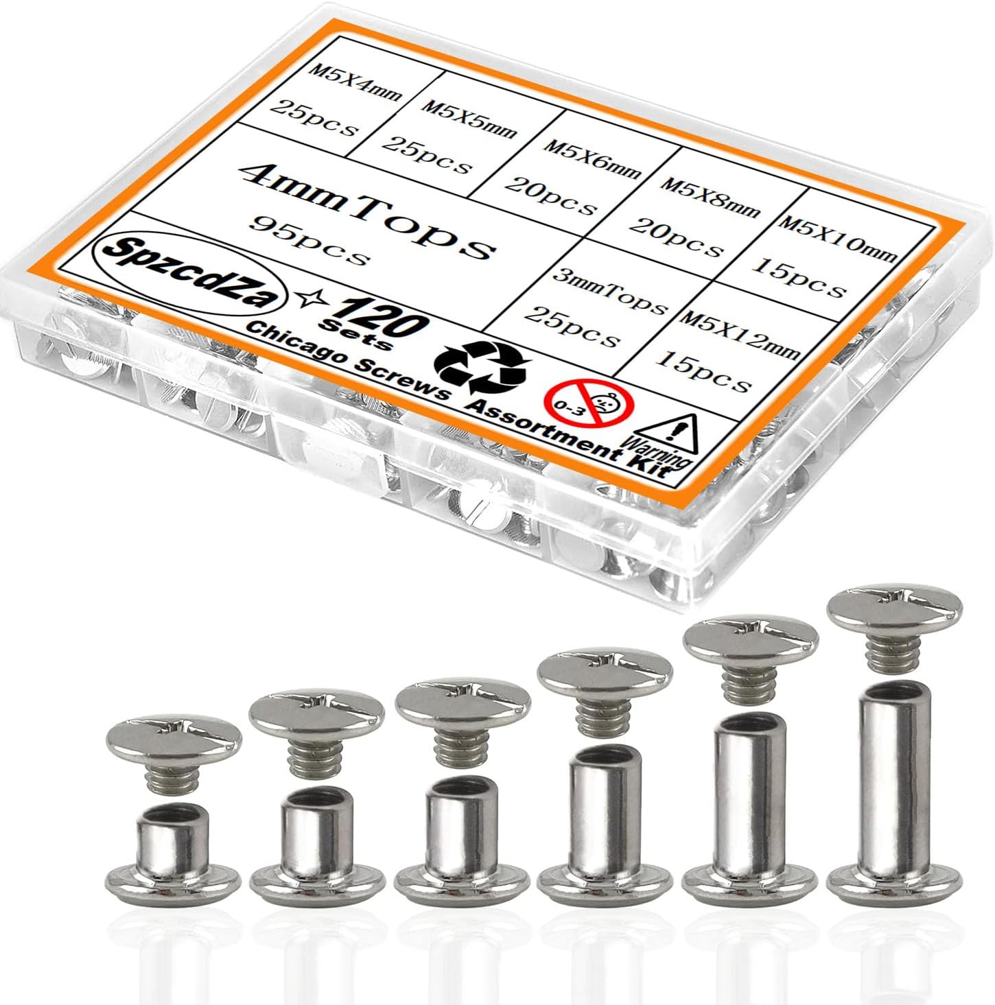 Chicago Screws Kit,SpzcdZa 120sets 6 Sizes Screw Rivets Silver Chicago Binding Screws for DIY Repair Leather Craft Belt Bag Shoes Purse Bookbinding (M5x4,5,6,8,10,12mm) (Silver)