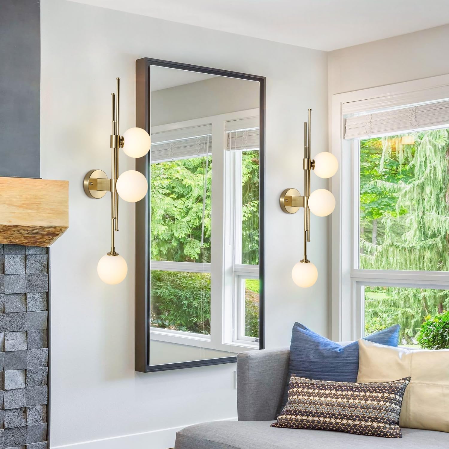 3-Light Globe Wall Sconces, Mid Century Modern Wall Light Fixtures, Vanity Lights with White Glass Shade, Metal Wall Light for Bedroom Living Room