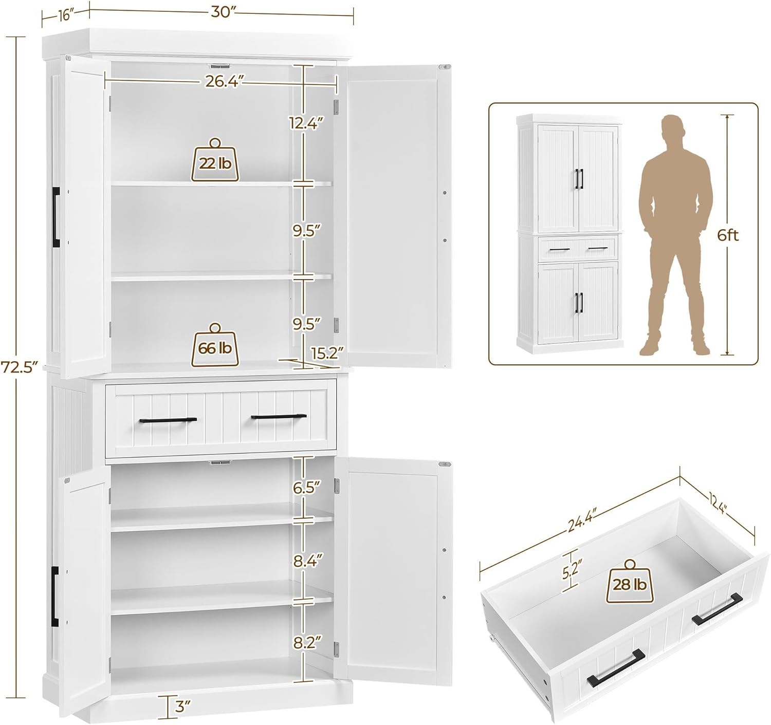 Yaheetech Kitchen Pantry Storage Cabinet with 4 Doors and 2 Adjustable Shelves, 72.5" Freestanding Tall Cupboard Cabinet with Drawer for Dining/Living Room, White