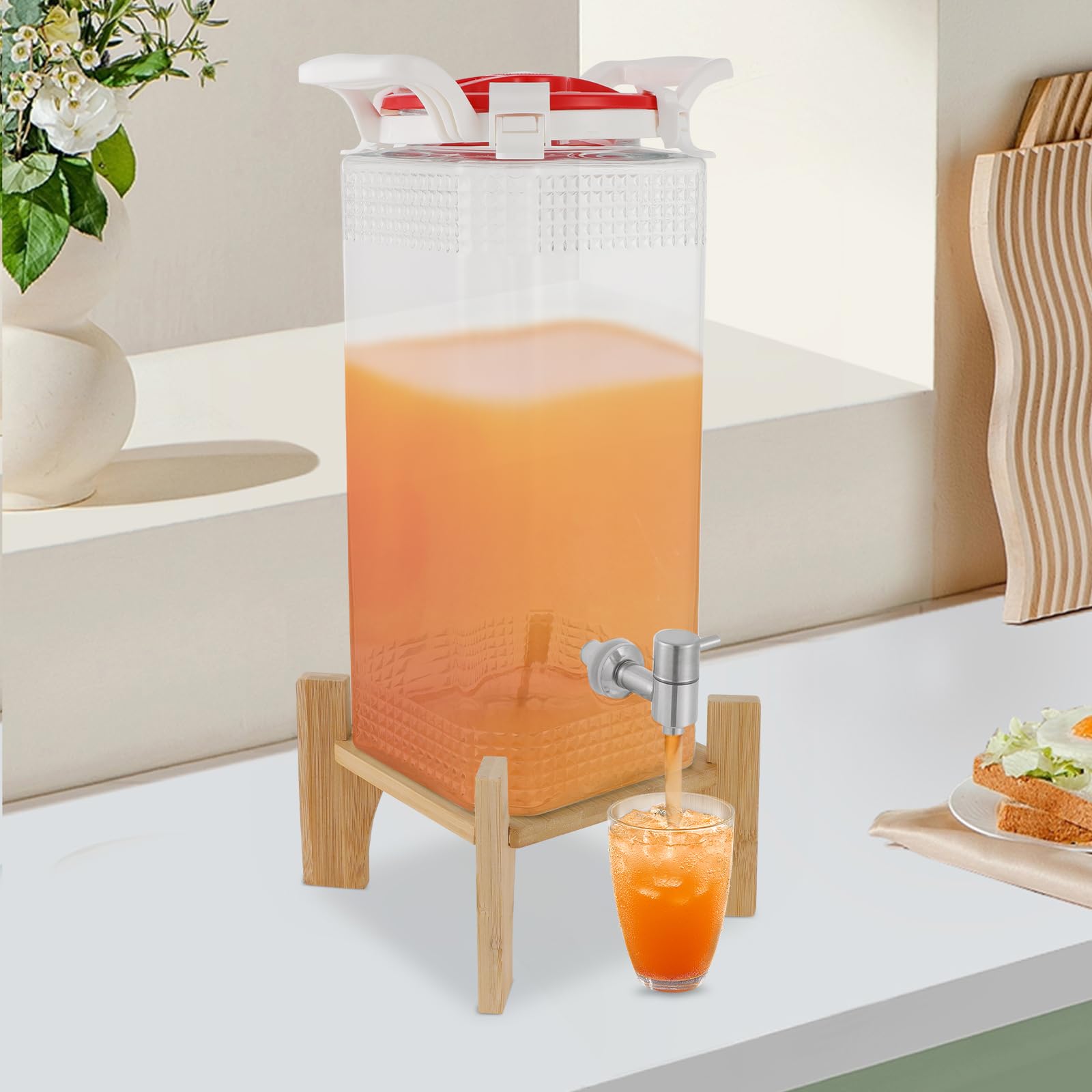Dispenser per bevande in vetro con supporto, 10 l, dispenser per bevande calde e fredde, con rubinetto in acciaio inox 304, erogatore di succhi (28 x 46 cm)