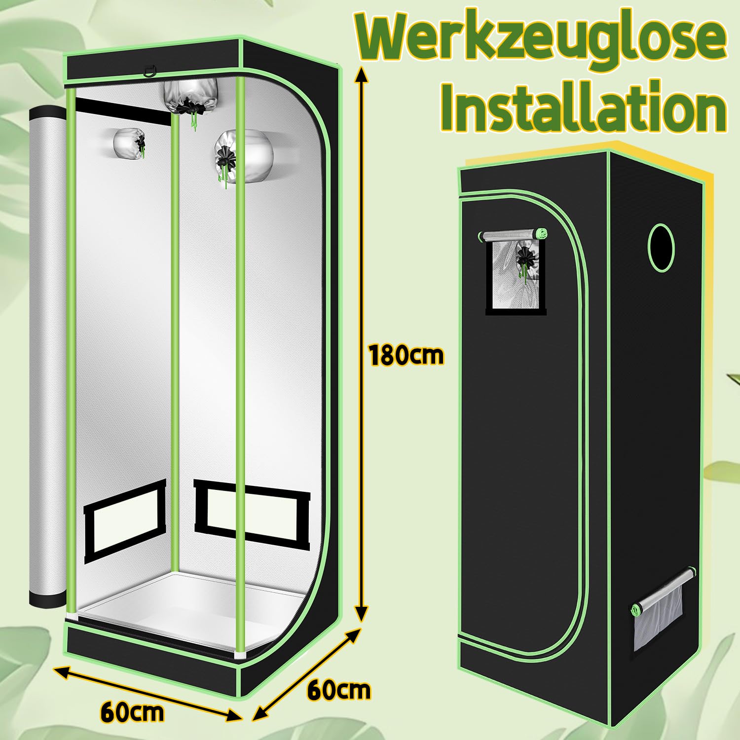 Tienda de cultivo 60x60x180 cm, 600D Oxford con ventana, resistente a la luz y al agua, armario interior