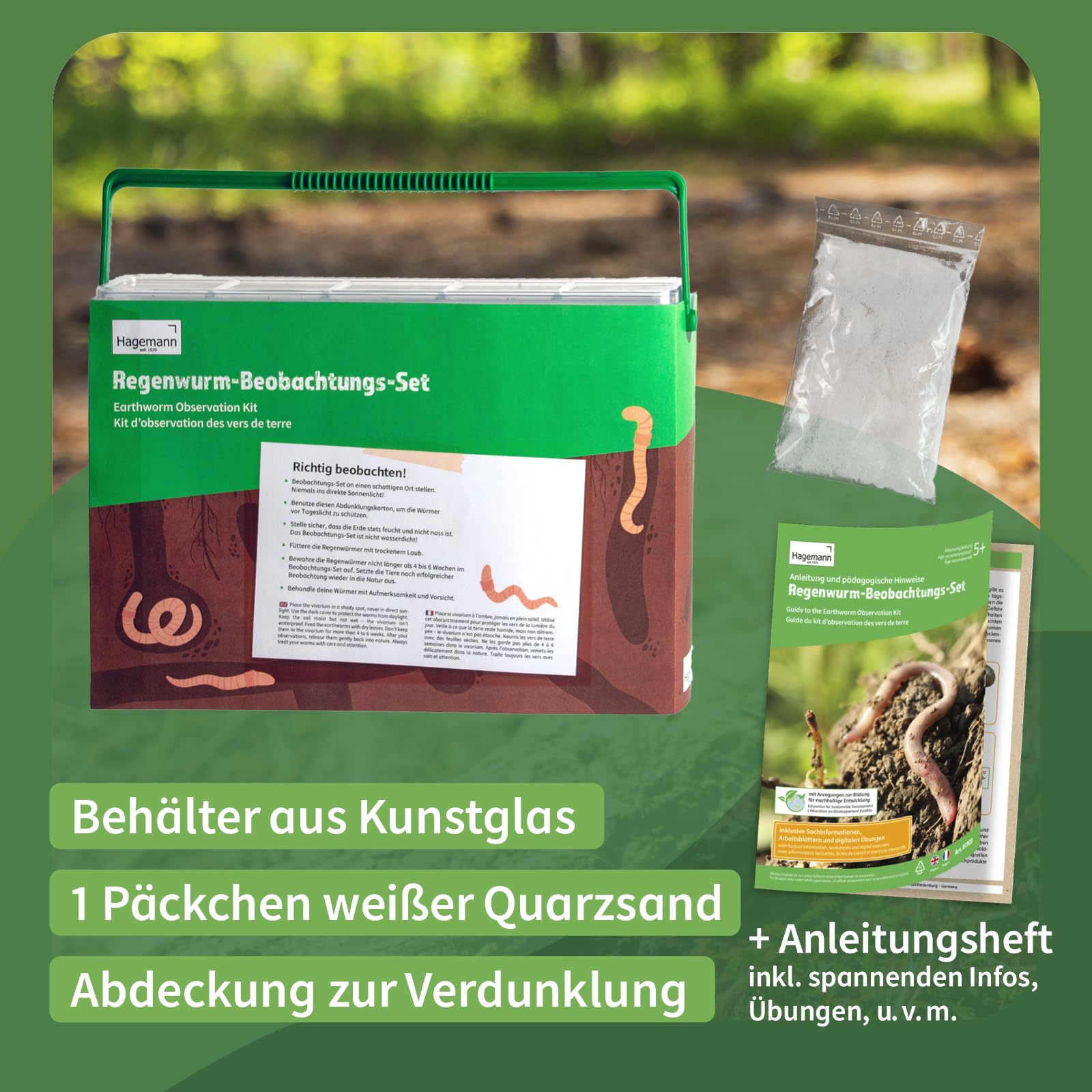 Regenwurm-Beobachtungsset, 8-teilig | Naturentdecker-Set mit Kunstglas-Behälter, Verdunklung, Granulat & Lernmaterial | Ökosystem Regenwürmer entdecken| Lernset für Kinder | Beobachtungsbox
