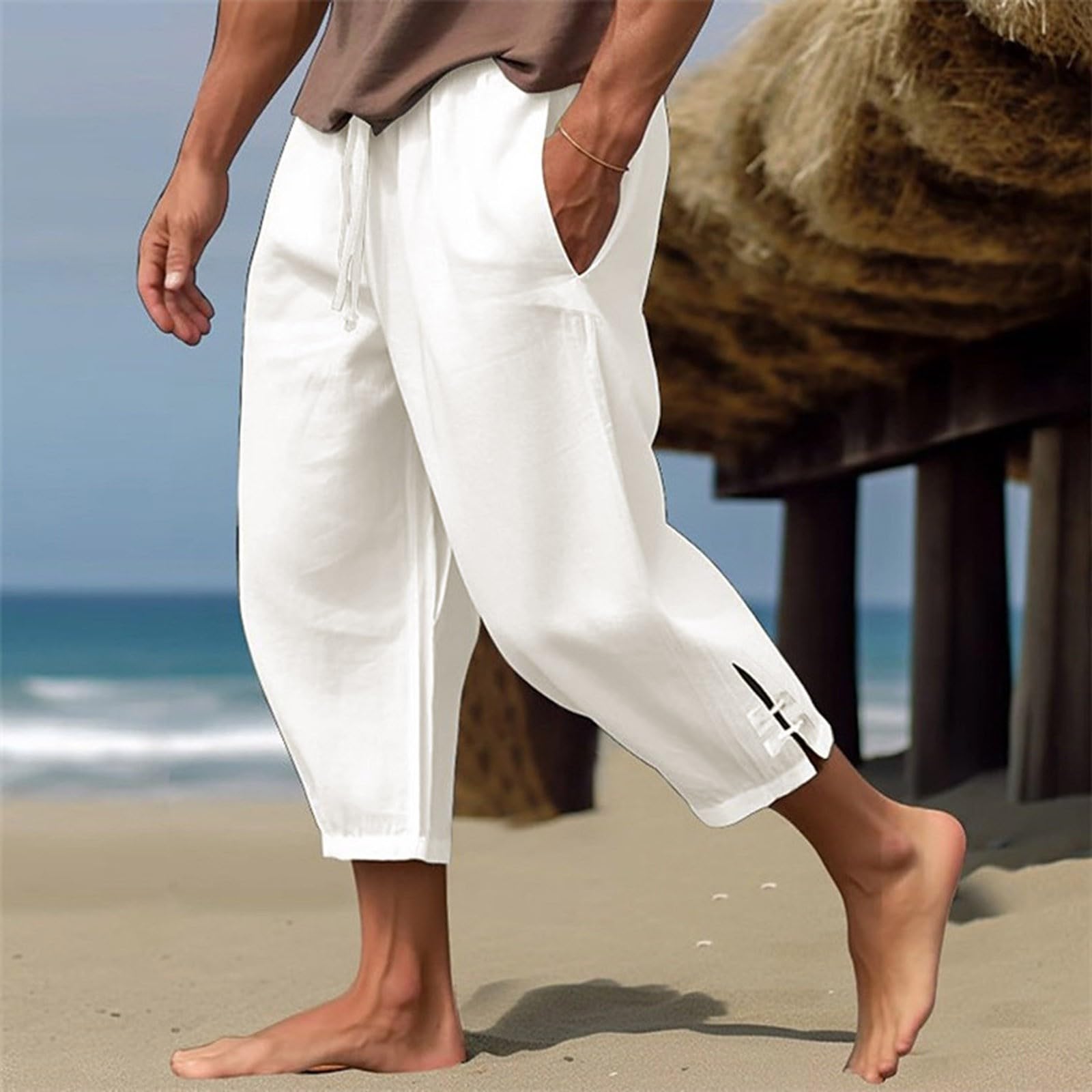 MJGkhiy Pantaloncini Uomo Cotone Leggero Lino 3/4 Pantaloni con Tasche Estivo Taglie Forti Larghi Pinocchietto Elasticizzati Pantaloncino Estivi Comodi Casual Baggy Pantalone Capri da Spiaggia e Yoga