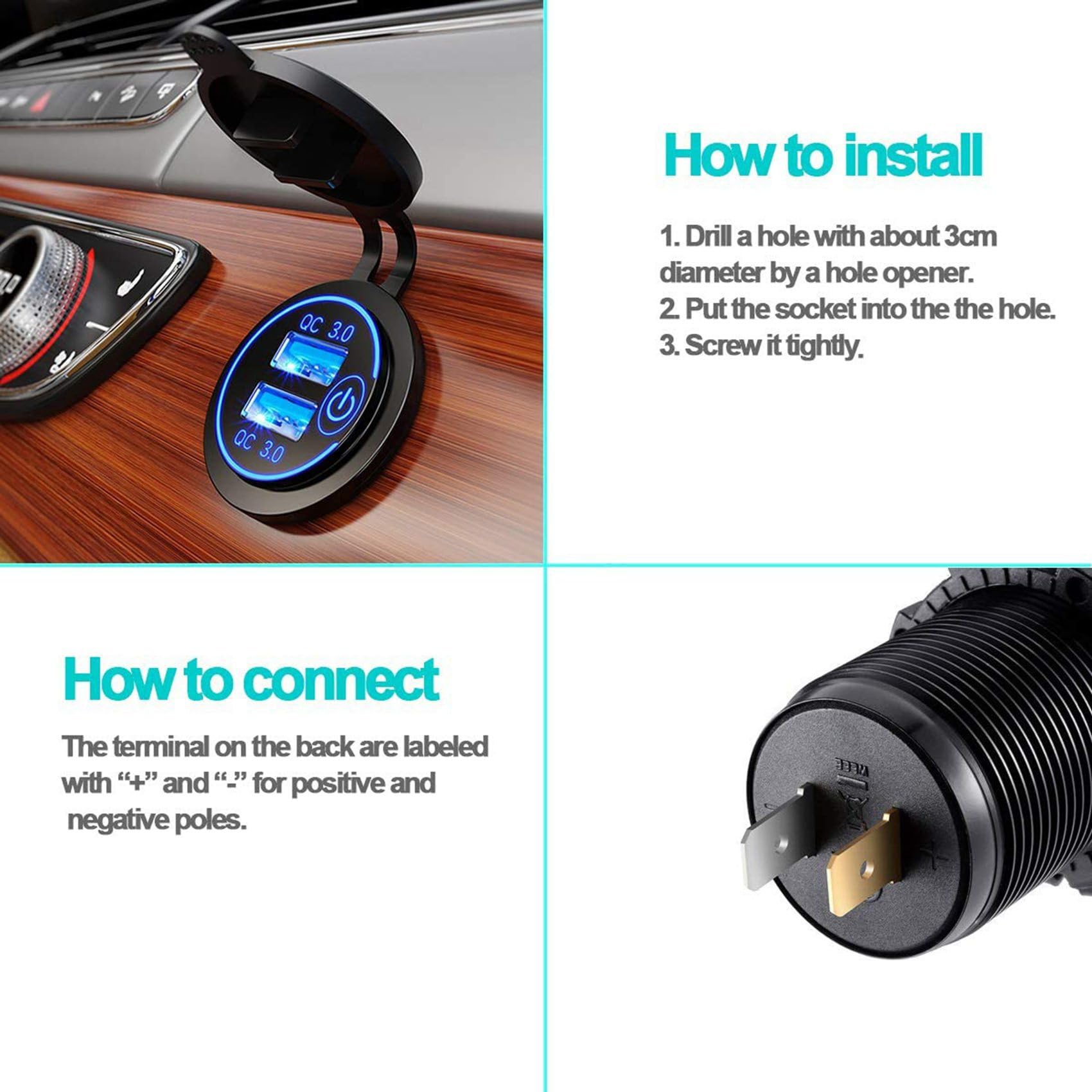 20X Carga Rápida 3.0 Cargador de Coche Usb Dual 12V 36W Cargador Rápido Usb con Interruptor para Moto Camión Carro de Golf Azul