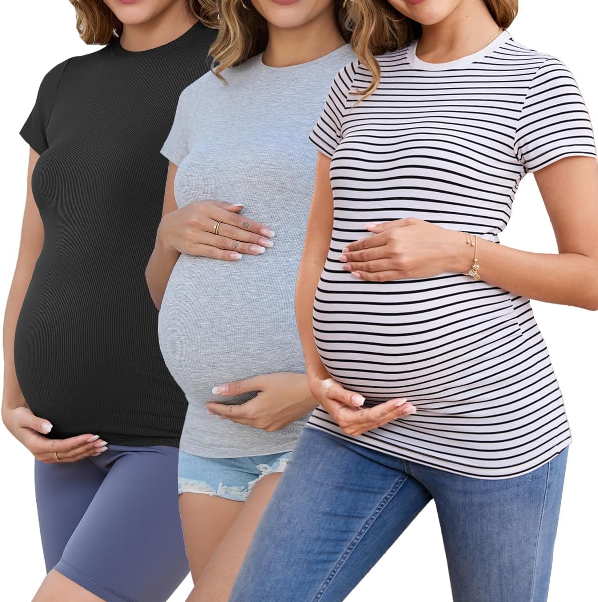 Liu & Qu Womens Maternity Shirts Ribbed Short Sleeve Maternity Tops Casual Crew Neck Side Ruched Pregnancy Clothes 3 Pack