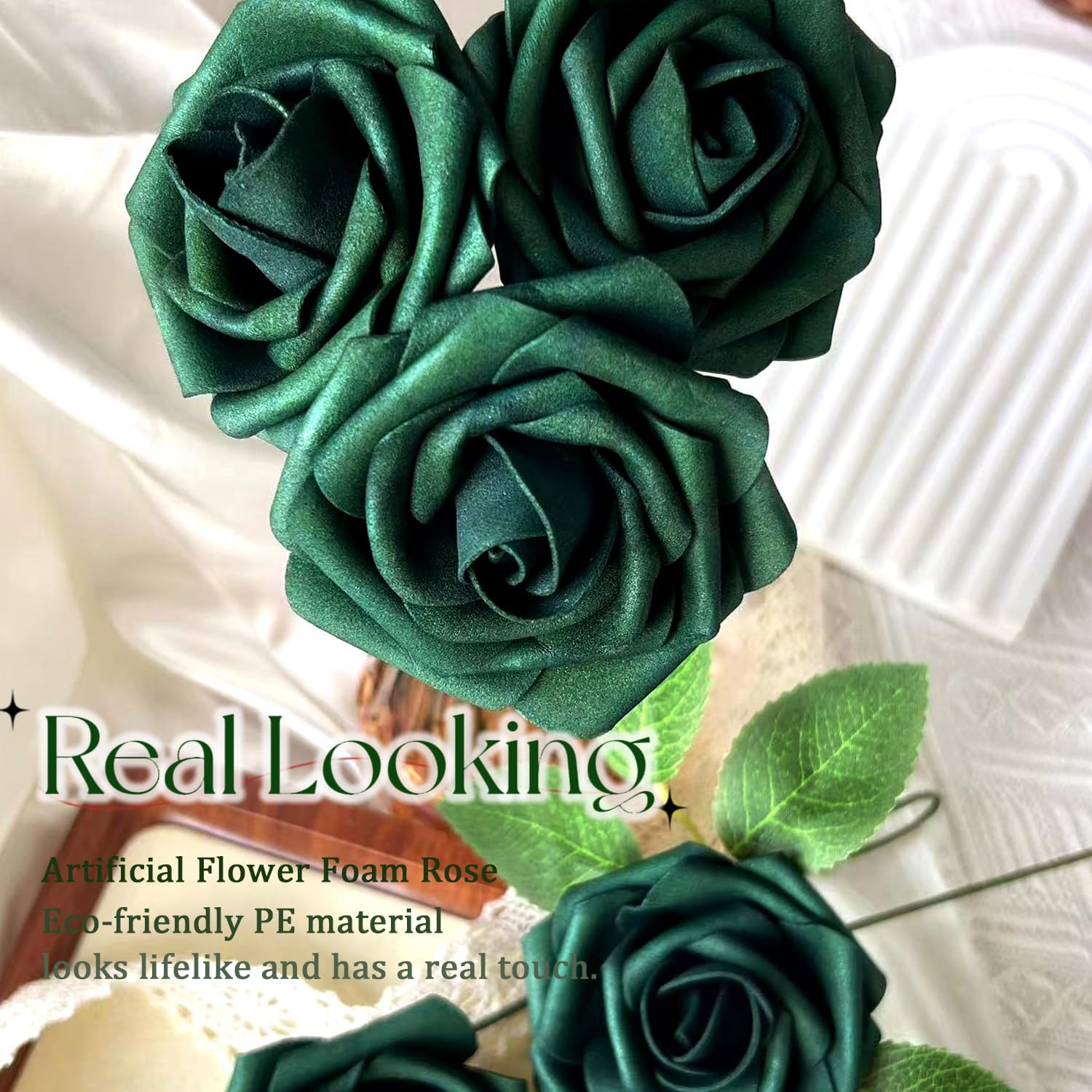 25pcs Emerald Green Artificial Flowers Foam Fake Dark Hunt Green Rose with Stems 8 Leaves Real Looking Faux Roses for Wedding Bouquets Bridal Shower Centerpieces Arrangements Party Tables Decorations