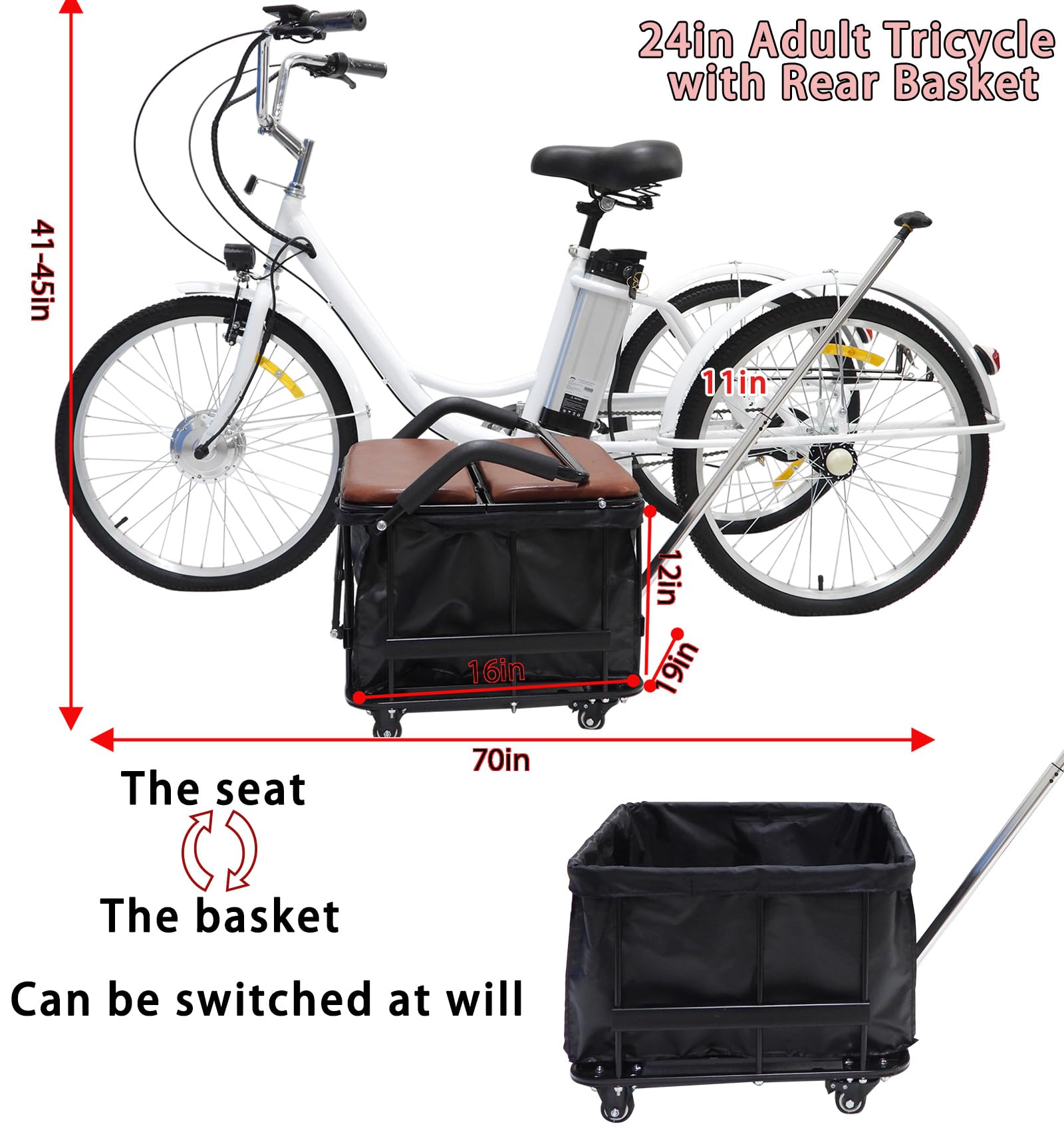 Triciclo elettrico da 24 pollici per adulti, bici elettrica con sedile posteriore, veicolo elettrico a tre ruote, triciclo elettrico con batteria al litio da 36 V 12 Ah, portata massima 150 kg