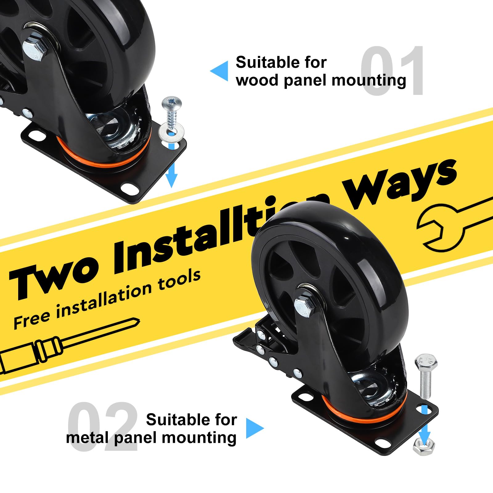 SWAWIS 4Pcs Ruedas Giratorias 150mm, Ruedas Pesados con Freno, Rueda Pivotantes Poliuretano con Tornillos Hasta 800kg, Ruedas para Muebles, para Hogar Oficina Fábrica