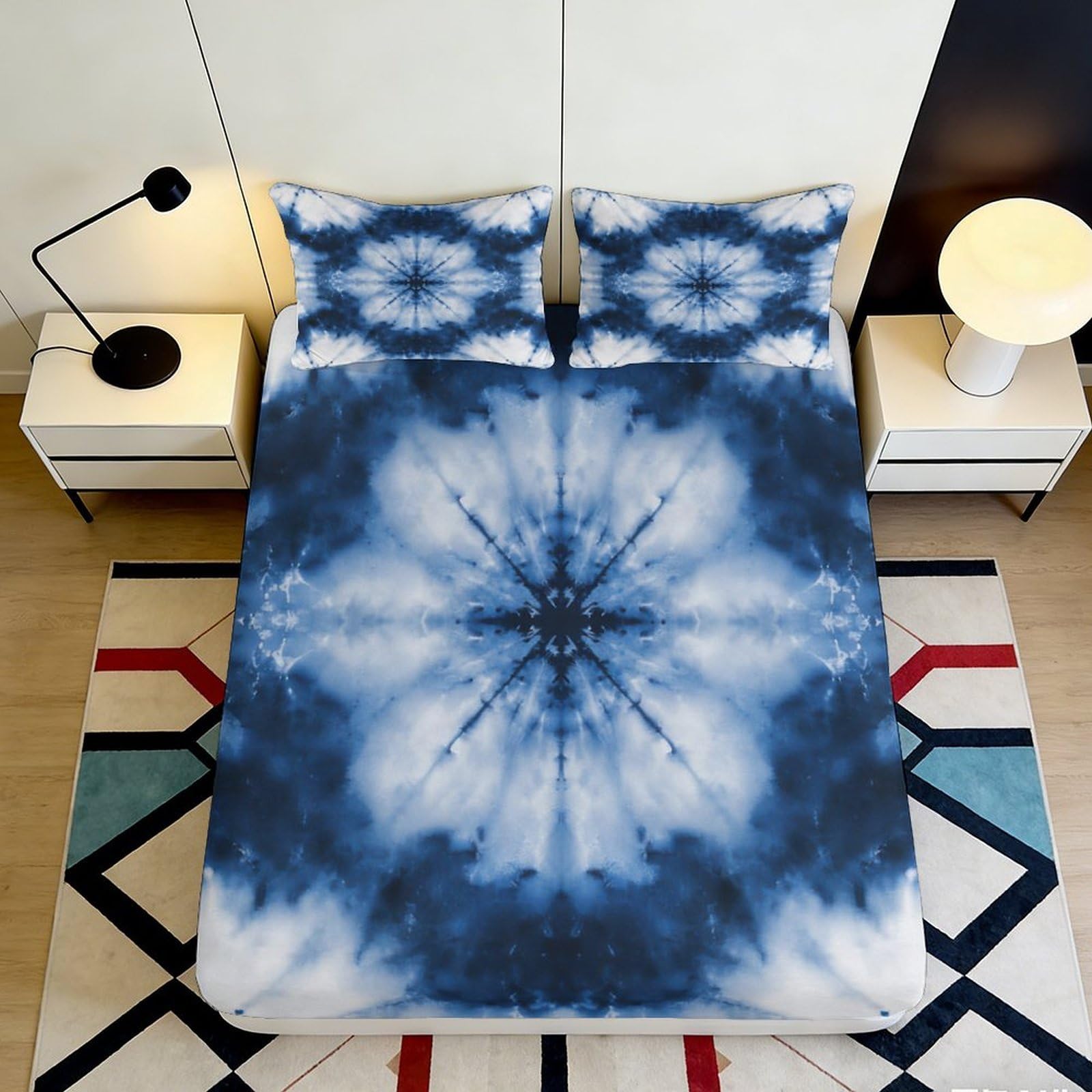 Dhbaneiok Style-5 3D Printed Blue Tie Dye Fitted Sheet Microfiber Soft Breathable Mandala Bed Cover For Bedroom Decor Protection 90X200x25cm