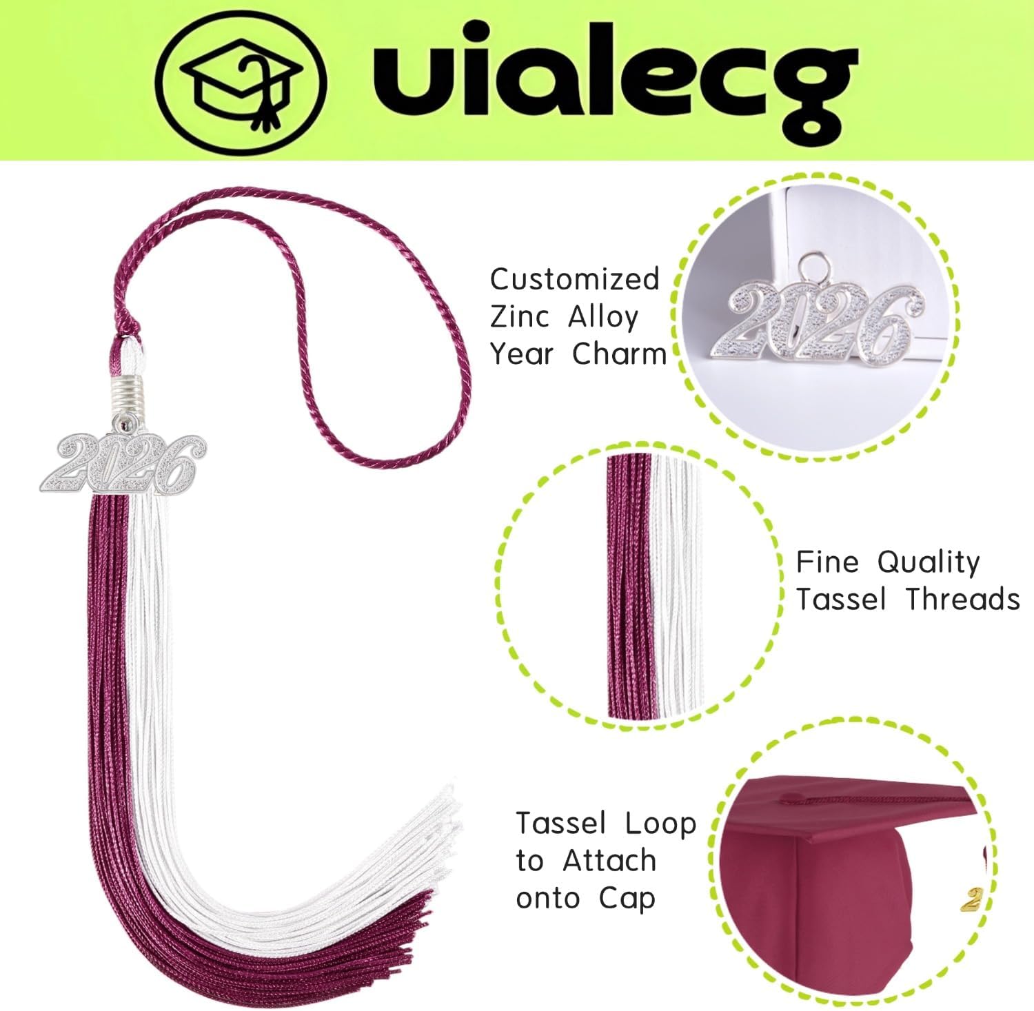 Graduation Tassel 2026,Double Color Tassel with Silver Year Charm 9",Maroon and White