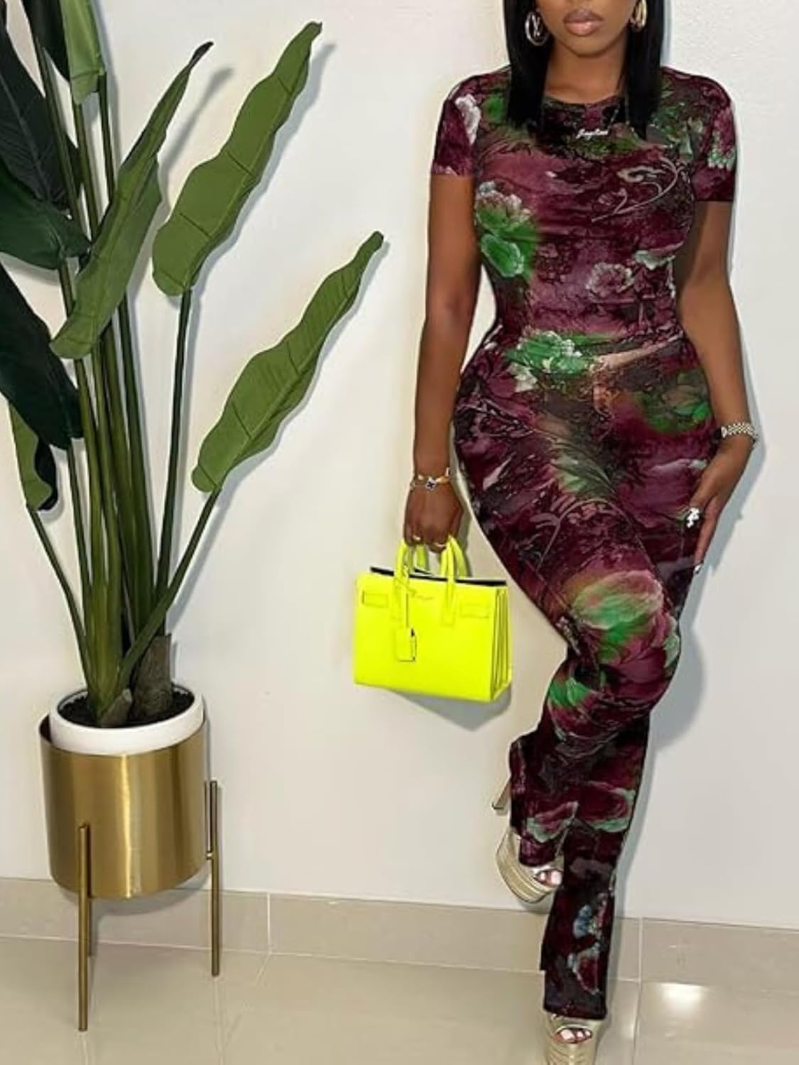 Two Piece Set Jumpsuit for Women Sexy Short Sleeve Floral Printed Mesh Bodycon Flared Pants Matching Set Club Outfits - Image 2