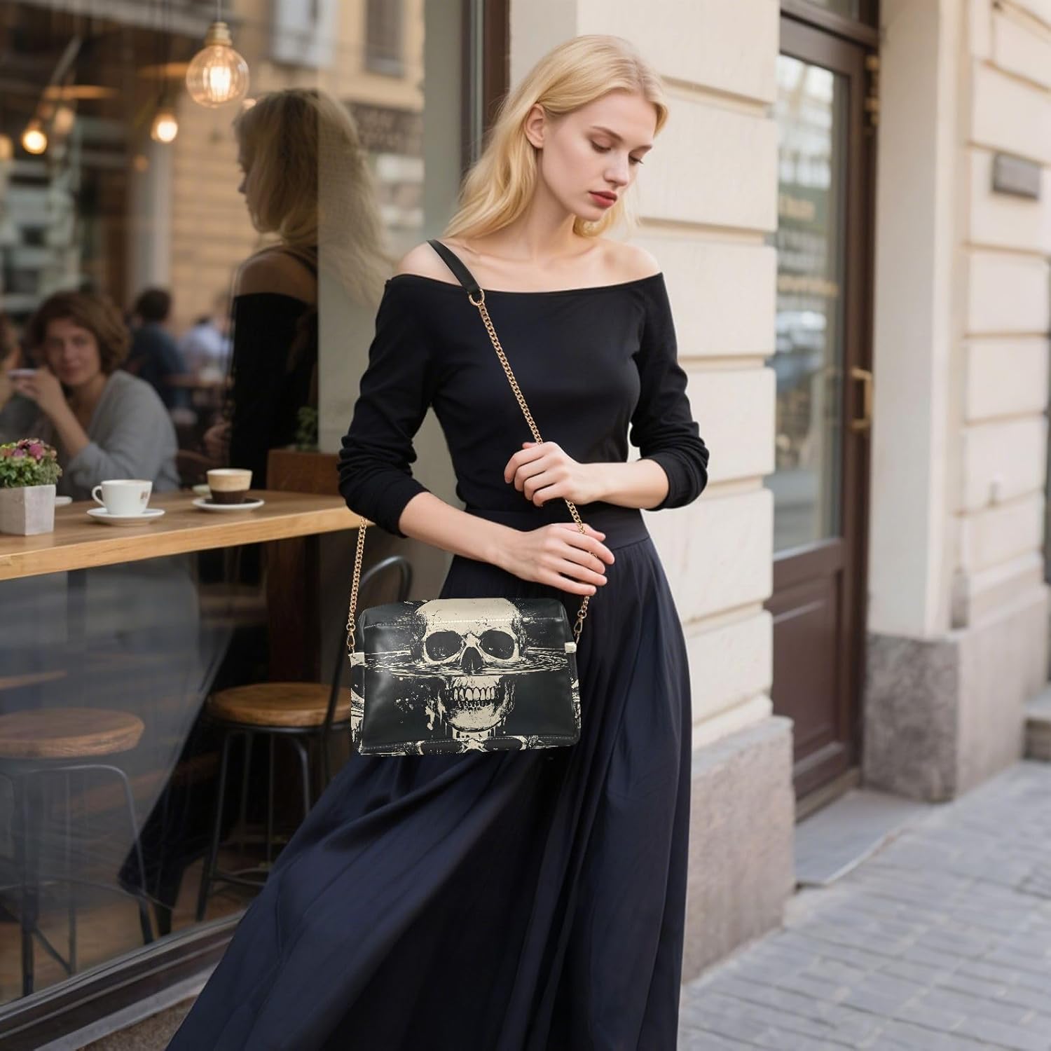 Women Crossbody Bag Shoulder Handbag Cellphone Purse PU Leather Metal Chain Strap Water Resistant Zipper Closure Skull in Water Print