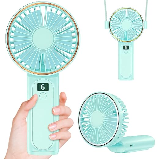 Peiyuu Portable Fan, 4000mAh USB Rechargeable, 180° Foldable Mini Desk Fan with 6 Wind Speed, LCD Digital Display, Lanyard as Neck Fan, Ultra Quiet