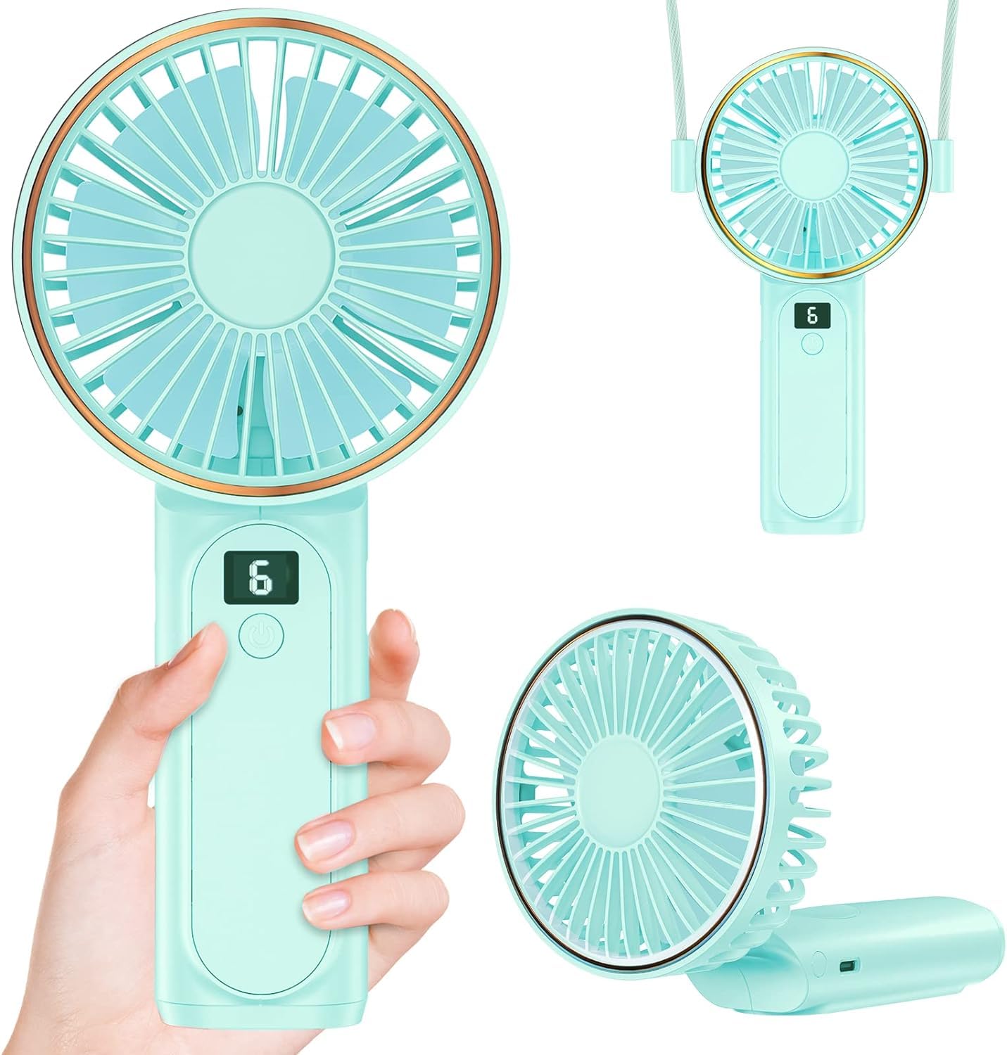 Peiyuu Portable Fan, 4000mAh USB Rechargeable, 180° Foldable Mini Desk Fan with 6 Wind Speed, LCD Digital Display, Lanyard as Neck Fan, Ultra Quiet Light Blue