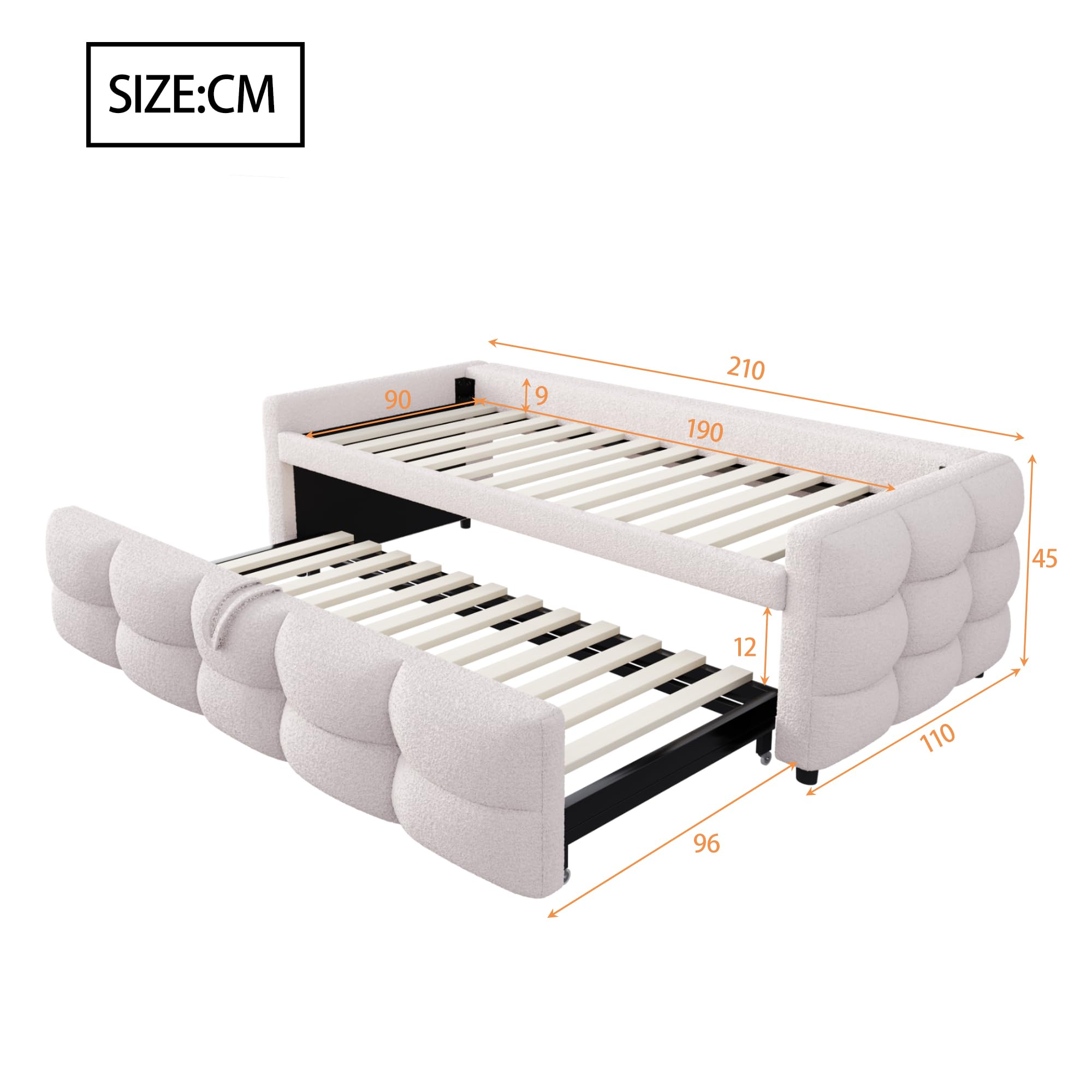 Zepneiy Lit 90/180x190 cm, Canapé lit avec canapé-lit gigogne, Canape lit 2 Places avec sommier à Lattes, Tissu Velourss Beige (sans Matelas)