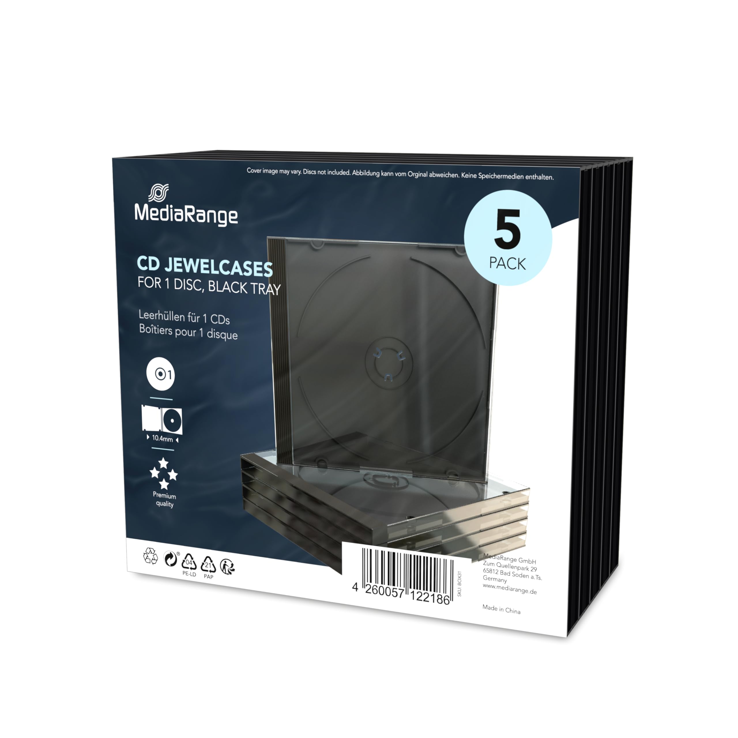 MediaRange BOX31 puste etui na płyty CD (na 1 płytę, 10,4 mm, 5 sztuk) czarna taca