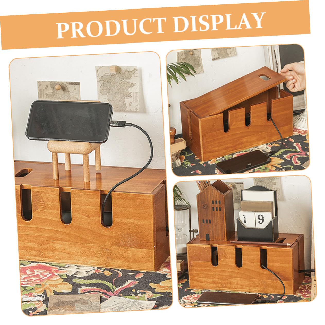 SHINEOFI Caja Organizadora para Cables y Cargadores De Madera Resistente 12x5.5x5.3 Pulgadas Superficie Lisa para Gestión En Escritorio Oficina