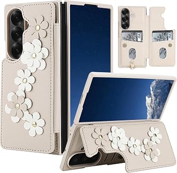 For Samsung Galaxy Z Fold 7 Wallet Case,Leather Built-in Flip Card Holder Freshness Small Flower Pattern Cross Body Strap Wallet Case for Galaxy Z Fold 7 White