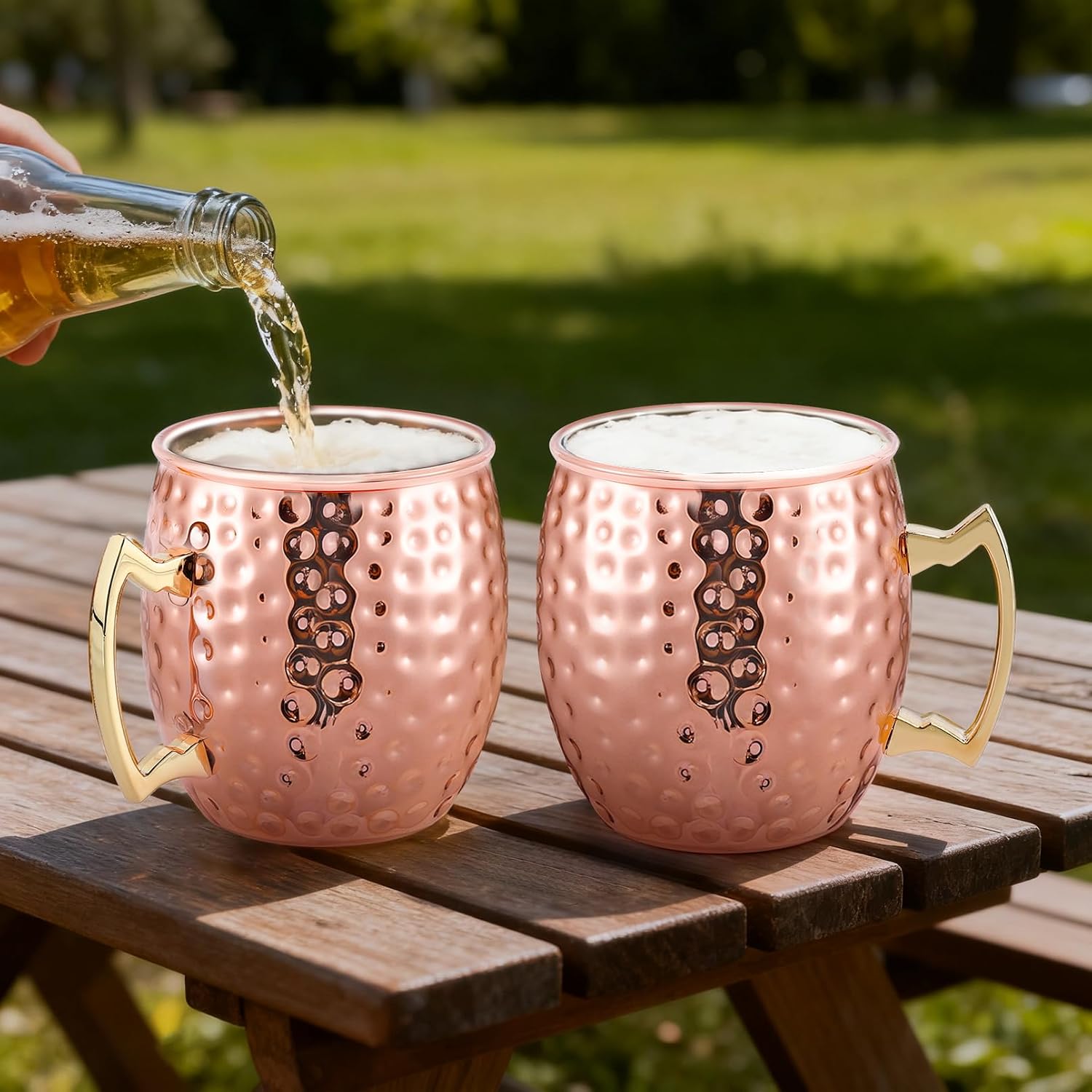 4 PCS Moscow Mule Mugs, Stainless Steel Copper Cups, Mule Cups with Gold Handles and Hammered Finish, Hammered Copper Mugs for Cold Drinks Beer Cocktail Wine, 16 oz
