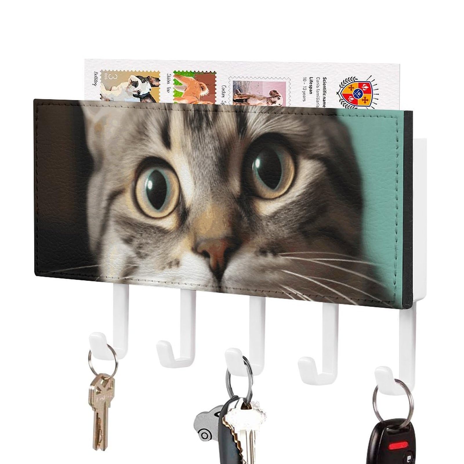 JTREHY A Curious Cat Holder Wall-Mounted Key and Mail Holder,Key Rack with 5Keys Hooks, Easy to Install Mail Organizer for Entryway, Front Door, Hallway, Office