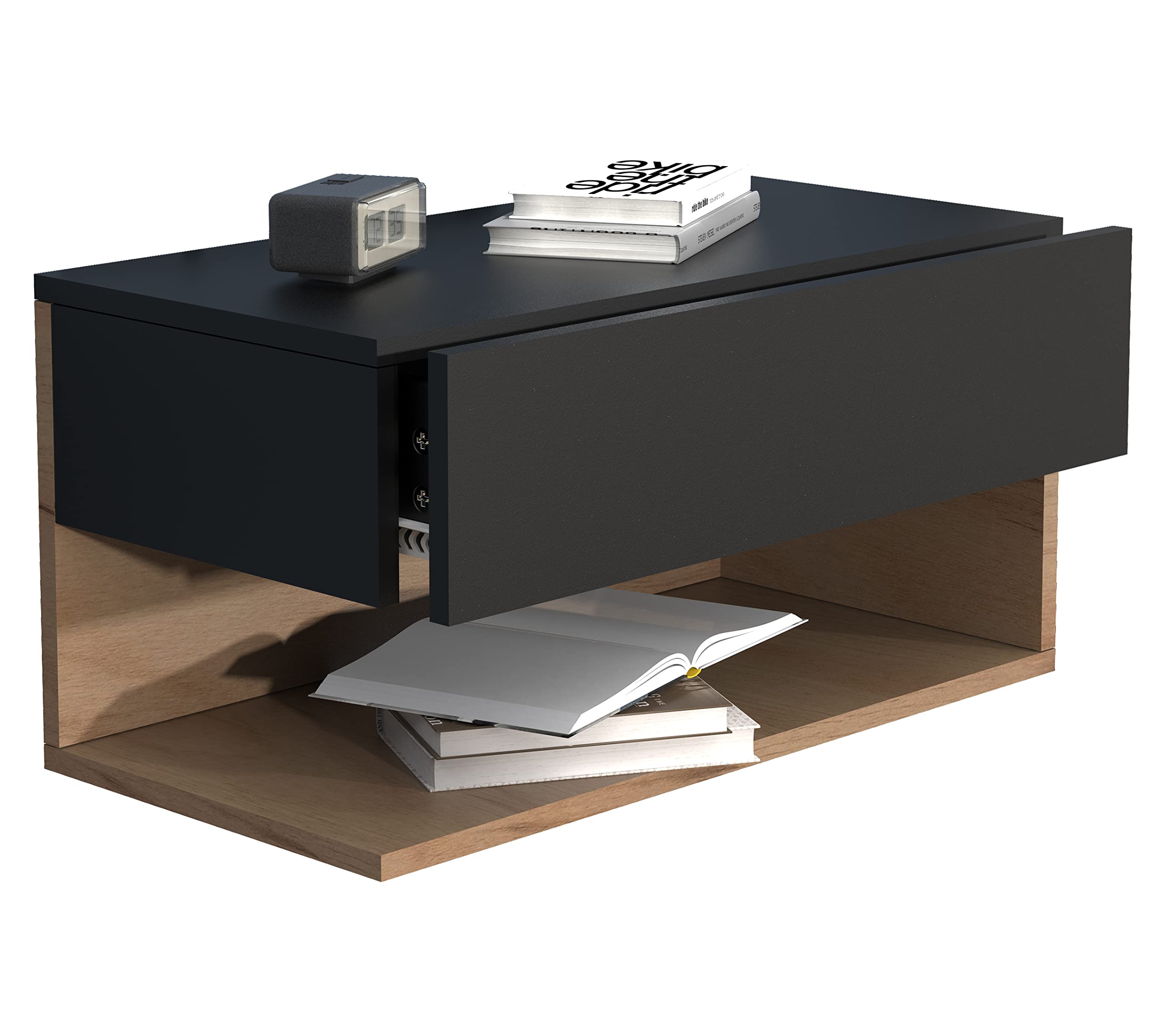 VCM Nachtschrank | Wandschublade | Wandboard | Nachttisch |Maße ca. H. 30 x B. 60 x T. 32 cm - Usal XL 60 cm Schwarz/Honig-Eiche