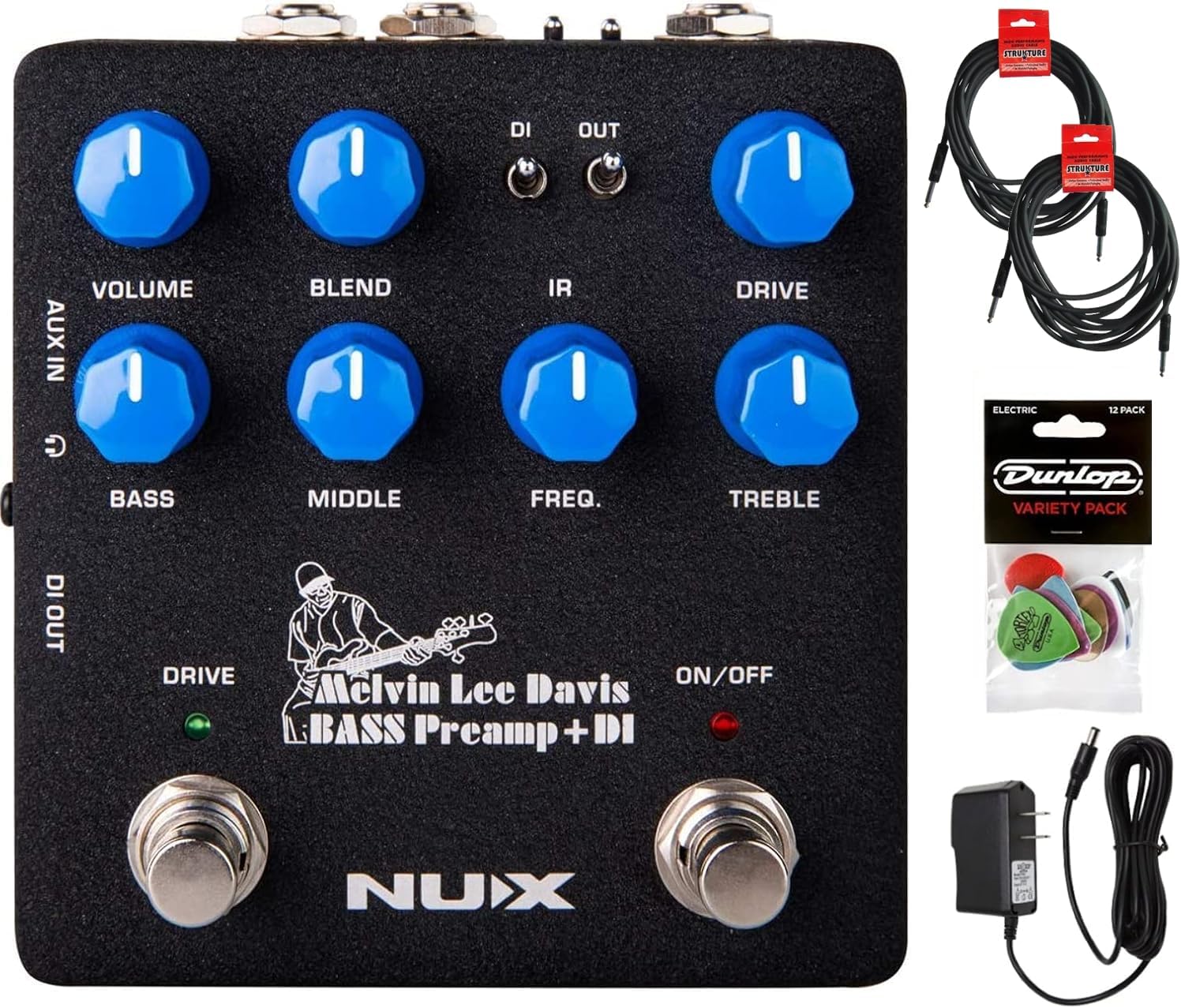 NUX Melvin Lee Davis NBP-5 Bass Preamp and DI Bundle with 2 Instrument Cables, Dunlop Pick Pack, and Power Supply