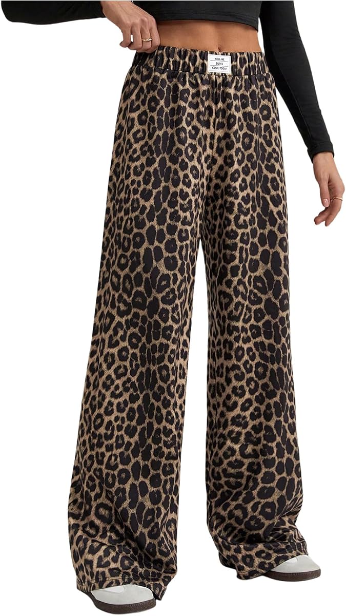 Pantalón largo de pierna ancha Y2K con estampado de leopardo para mujer