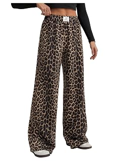 Womens Leopard Print Wide Leg Pants Patched Elastic Waist Casual Loose Trousers