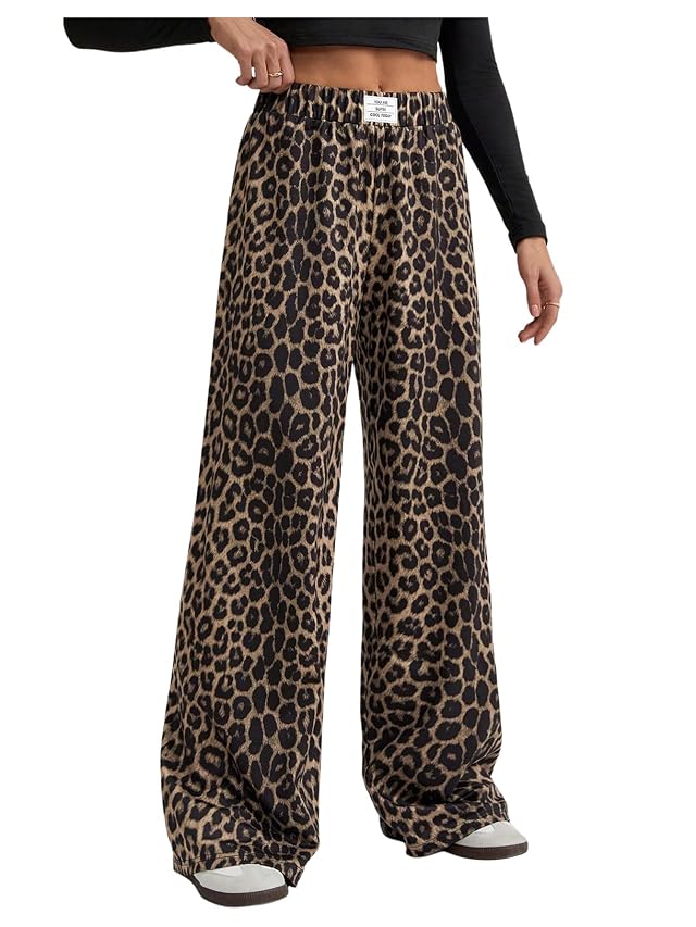 Womens Leopard Print Wide Leg Pants Patched Elastic Waist Casual Loose Trousers