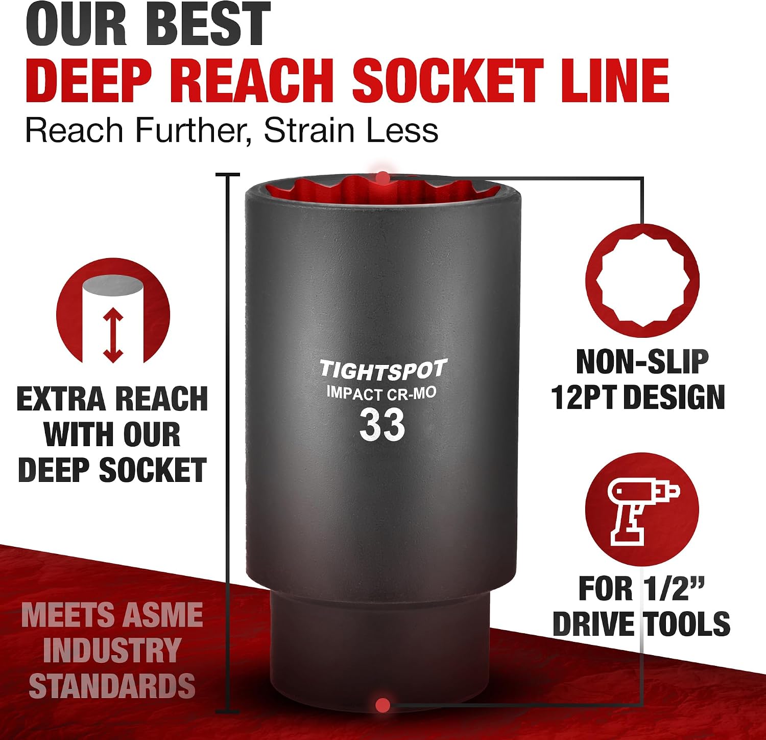 TIGHTSPOT 1/2 Inch Drive - 33 mm Deep Impact Socket with Anti-Rounding 12 Point Design, Heat-Treated CRMO Steel, Metric image 2