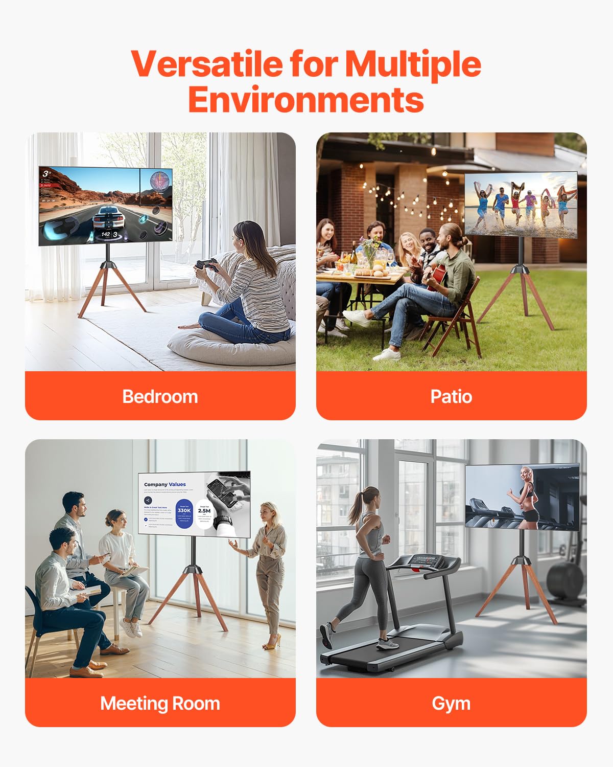 VEVOR Support TV trépied, pour écrans Plats/incurvés 1016-1651 mm, Support télé sur Pied Portable, avec Pieds en chêne, capacité de Charge 45 kg, Max. VESA 600 x 400 mm, pour Chambre, Studio, Salon