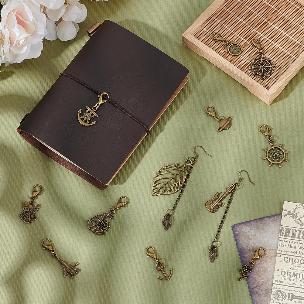 BENECREAT 12 Styles Traveler's Notebook Vintage Charms, Bracelet Charm with Lobster Clasps for Jewelry Making, Notebook Decor, Antique Golden Alloy Pendants for Journal Planner, Necklace, Keychain - Image 4