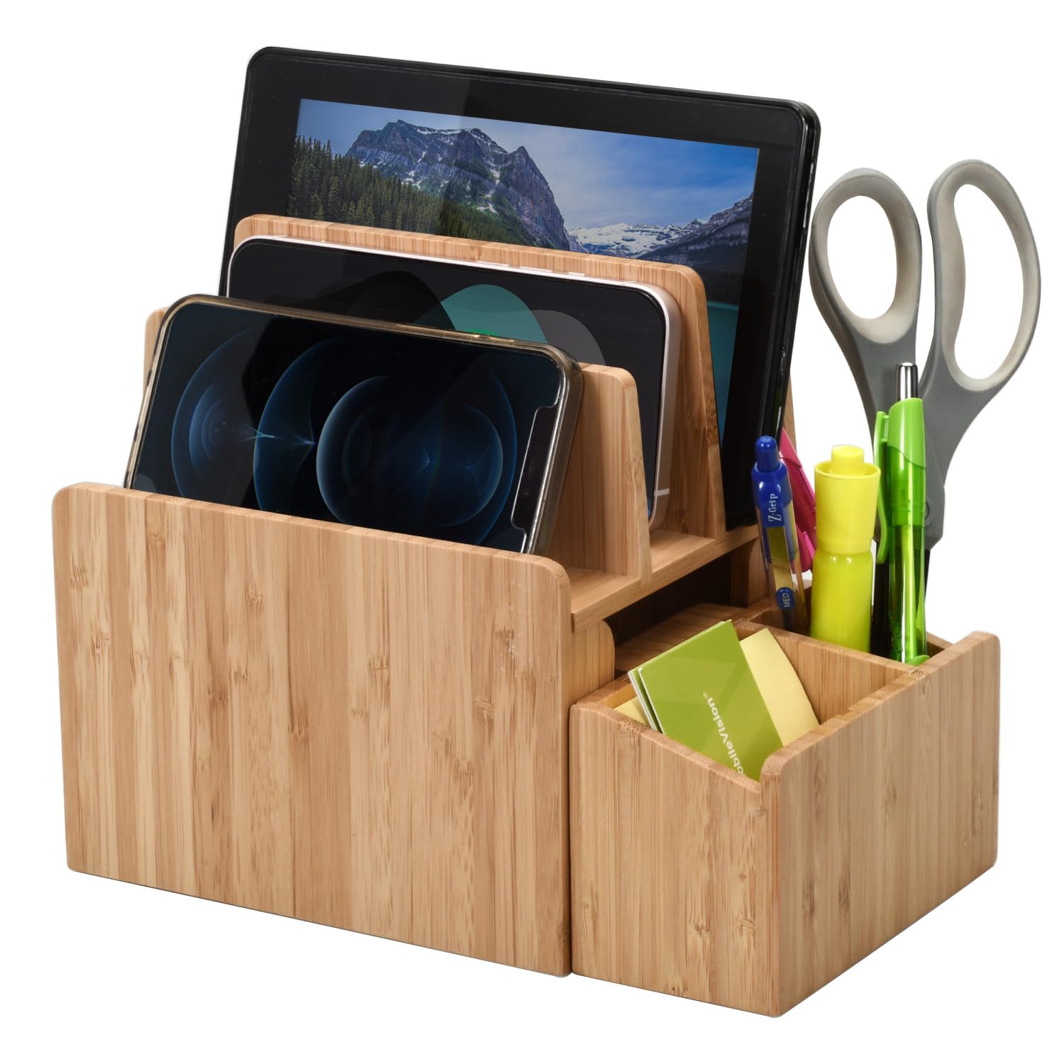 MobileVision Bamboo Charging Station with Extension Compartment for Smartphones, Tablets, & Laptops Charging Dock Plus Stationary Item Holder