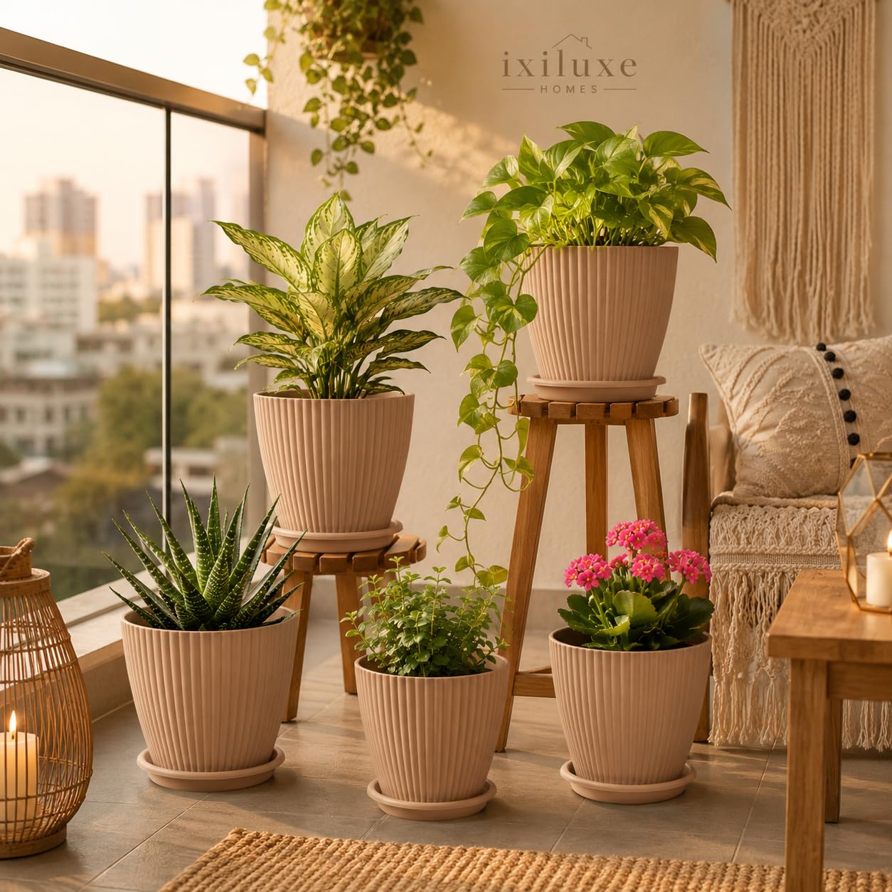 Light Brown Flower Pots Set of 5 - Modern Plant Planters -2 Light Brown Flower Pots Set of 5 - Modern Plant Planters -2
