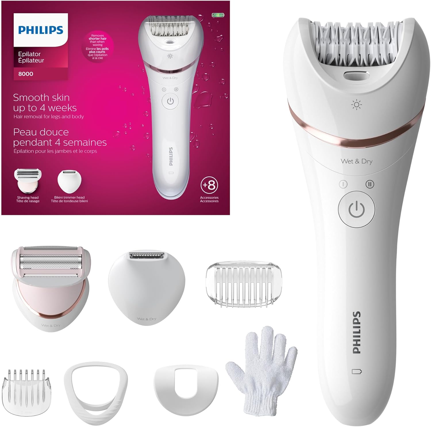 Philips Epilator Series 8000, Wet & Dry, 3-in-1 with Shaver & Trimmer Attachments for Women, 8 Accessories Included, BRE720/14 Philips Epilator Series 8000, Wet & Dry, 3-in-1 with Shaver & Trimmer Attachments for Women, 8 Accessories Included, BRE720/14
