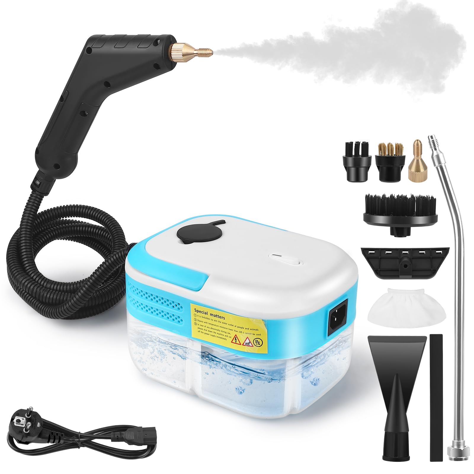 Pulitore a vapore manuale 7-in-1, 1500W | Serbatoio acqua da 1,2L per cucina e bagno | Generatore di vapore ad alta pressione (3BAR) contro grasso, muffa e calcare | Incl. accessori per imbottiture