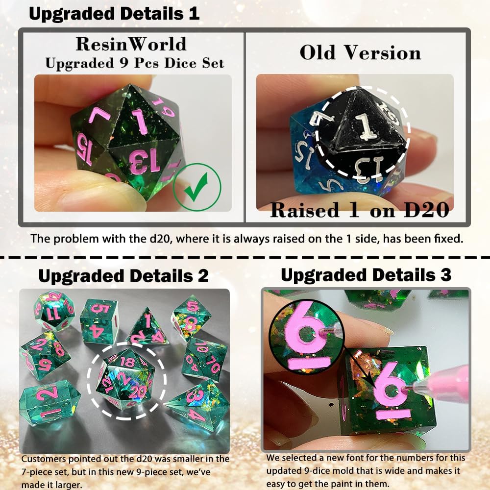 RESINWORLD Upgraded 9 Piece Polyhedral Dice Mold (New Font), DND Dice Set Mold with Extra Pendant Crystal D4