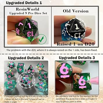 RESINWORLD Upgraded 9 Piece Polyhedral Dice Mold (New Font), DND Dice Set Mold with Extra Pendant Crystal D4